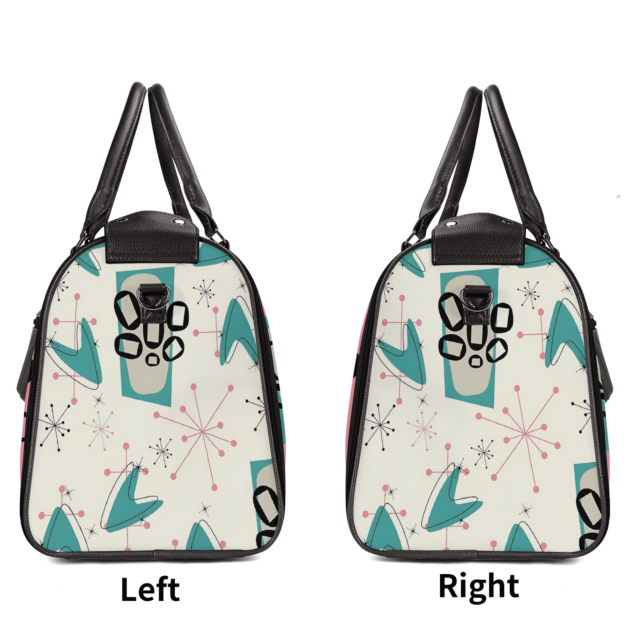 Mid Century Modern Travel Duffle Trifold Bag, Atomic Cat, Kitschy Pink, Aqua Starbursts Designed Retro Bag - Mid Century Modern Gal