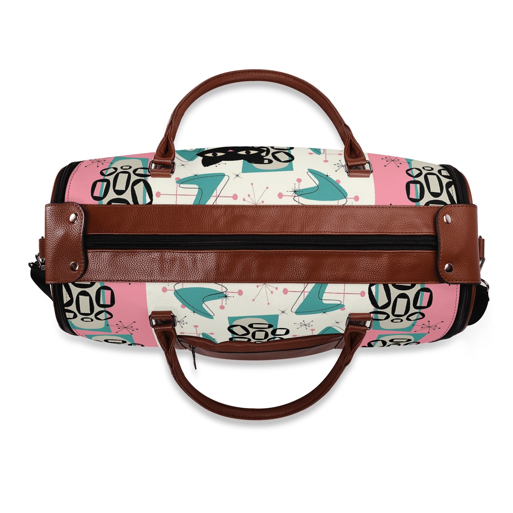 Mid Century Modern Travel Duffle Trifold Bag, Atomic Cat, Kitschy Pink, Aqua Starbursts Designed Retro Bag - Mid Century Modern Gal