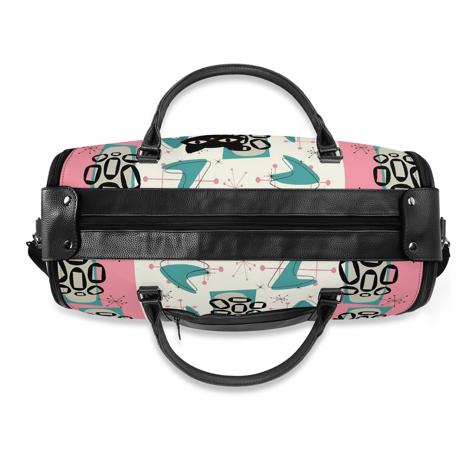 Mid Century Modern Travel Duffle Trifold Bag, Atomic Cat, Kitschy Pink, Aqua Starbursts Designed Retro Bag - Mid Century Modern Gal