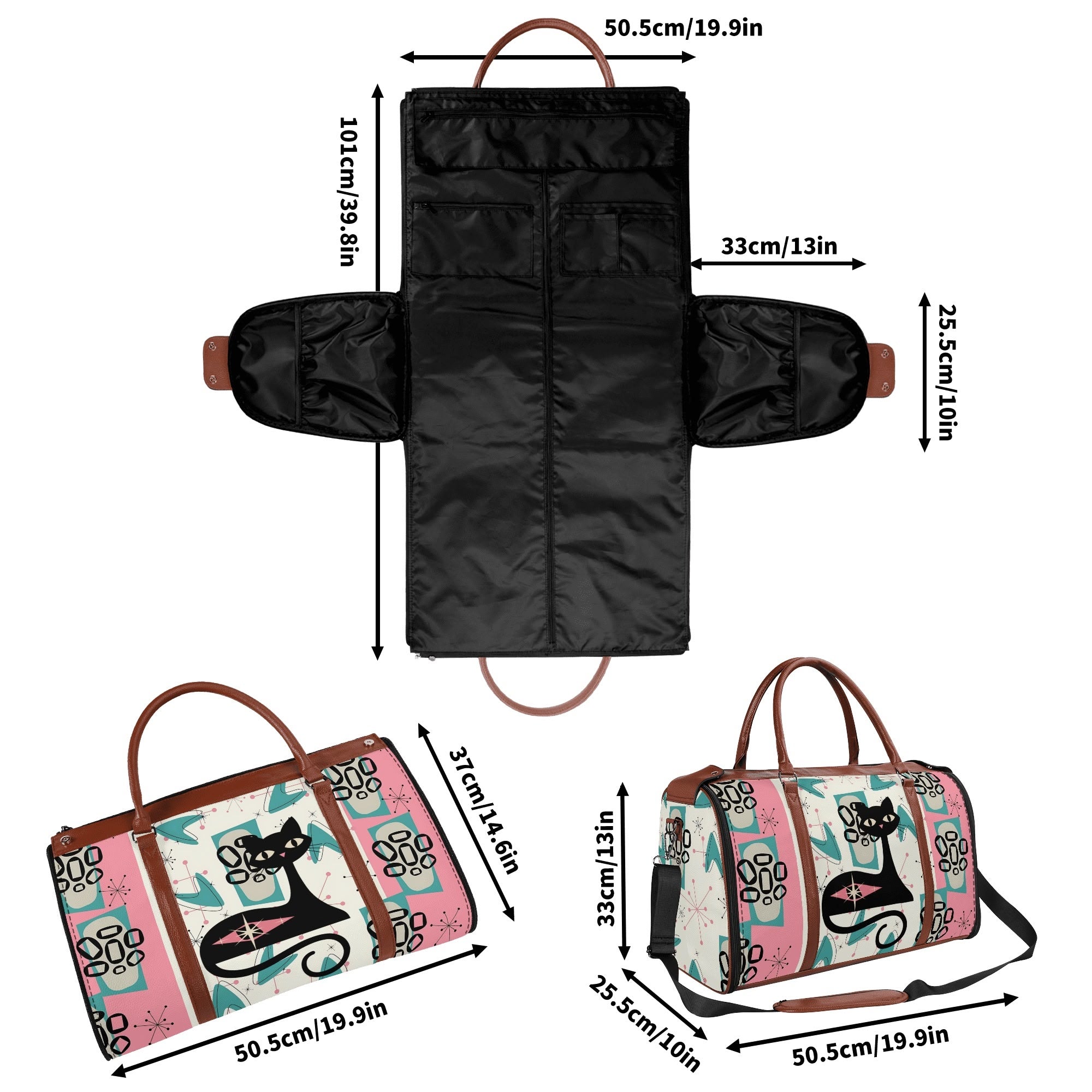 Mid Century Modern Travel Duffle Trifold Bag, Atomic Cat, Kitschy Pink, Aqua Starbursts Designed Retro Bag - Mid Century Modern Gal