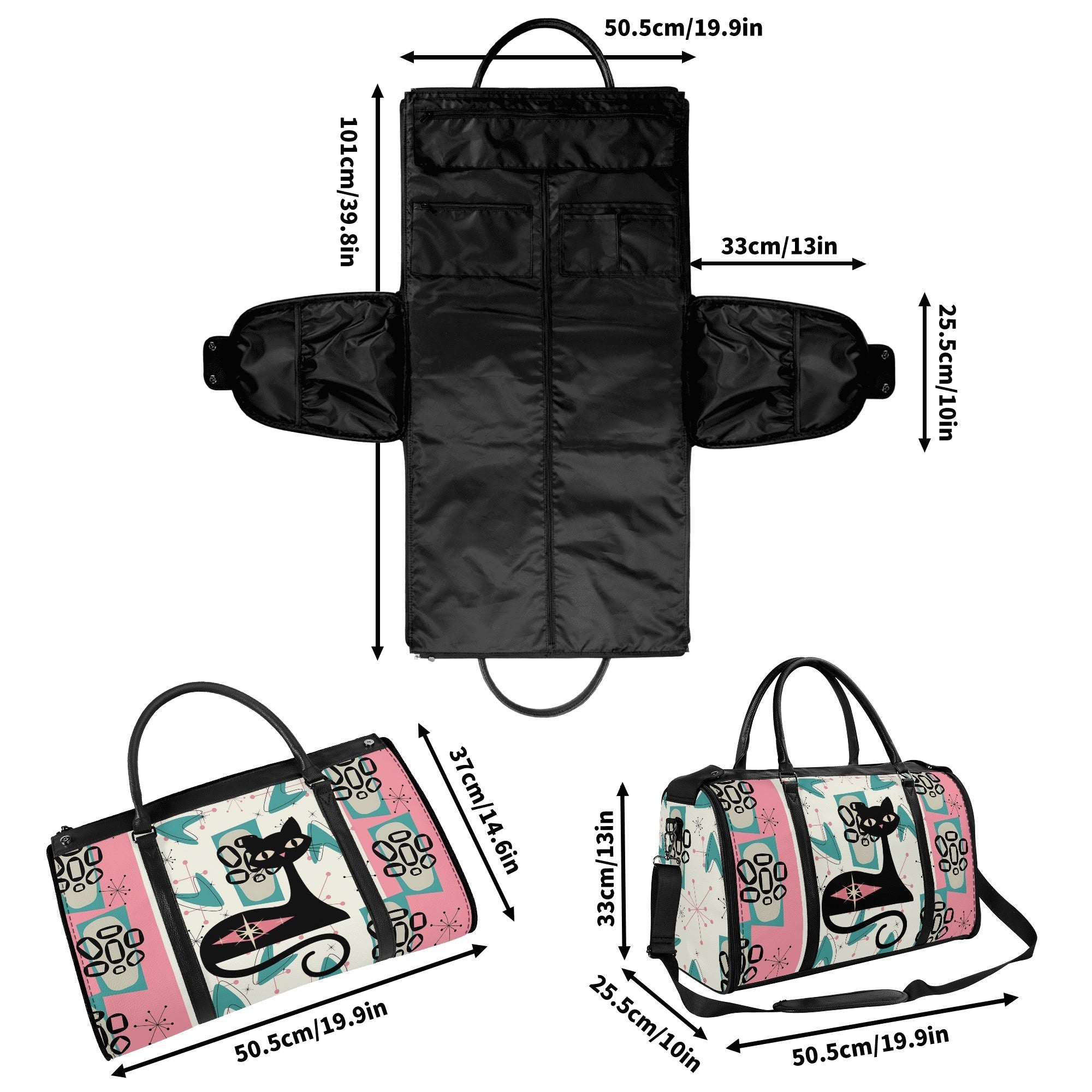 Mid Century Modern Travel Duffle Trifold Bag, Atomic Cat, Kitschy Pink, Aqua Starbursts Designed Retro Bag - Mid Century Modern Gal