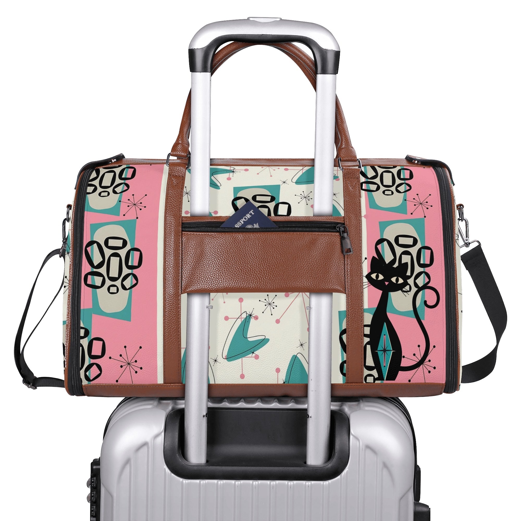 Mid Century Modern Travel Duffle Trifold Bag, Atomic Cat, Kitschy Pink, Aqua Starbursts Designed Retro Bag - Mid Century Modern Gal