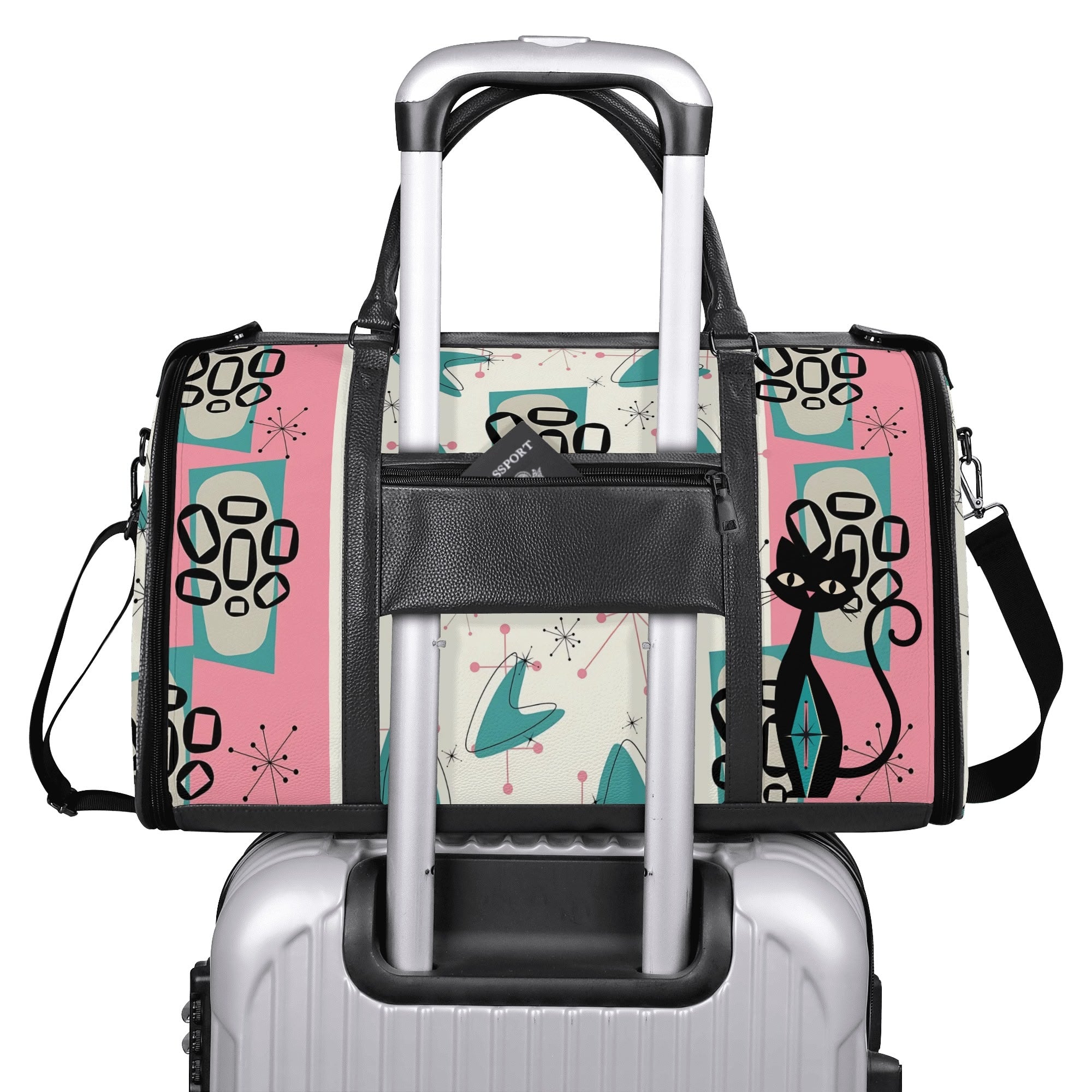 Mid Century Modern Travel Duffle Trifold Bag, Atomic Cat, Kitschy Pink, Aqua Starbursts Designed Retro Bag - Mid Century Modern Gal