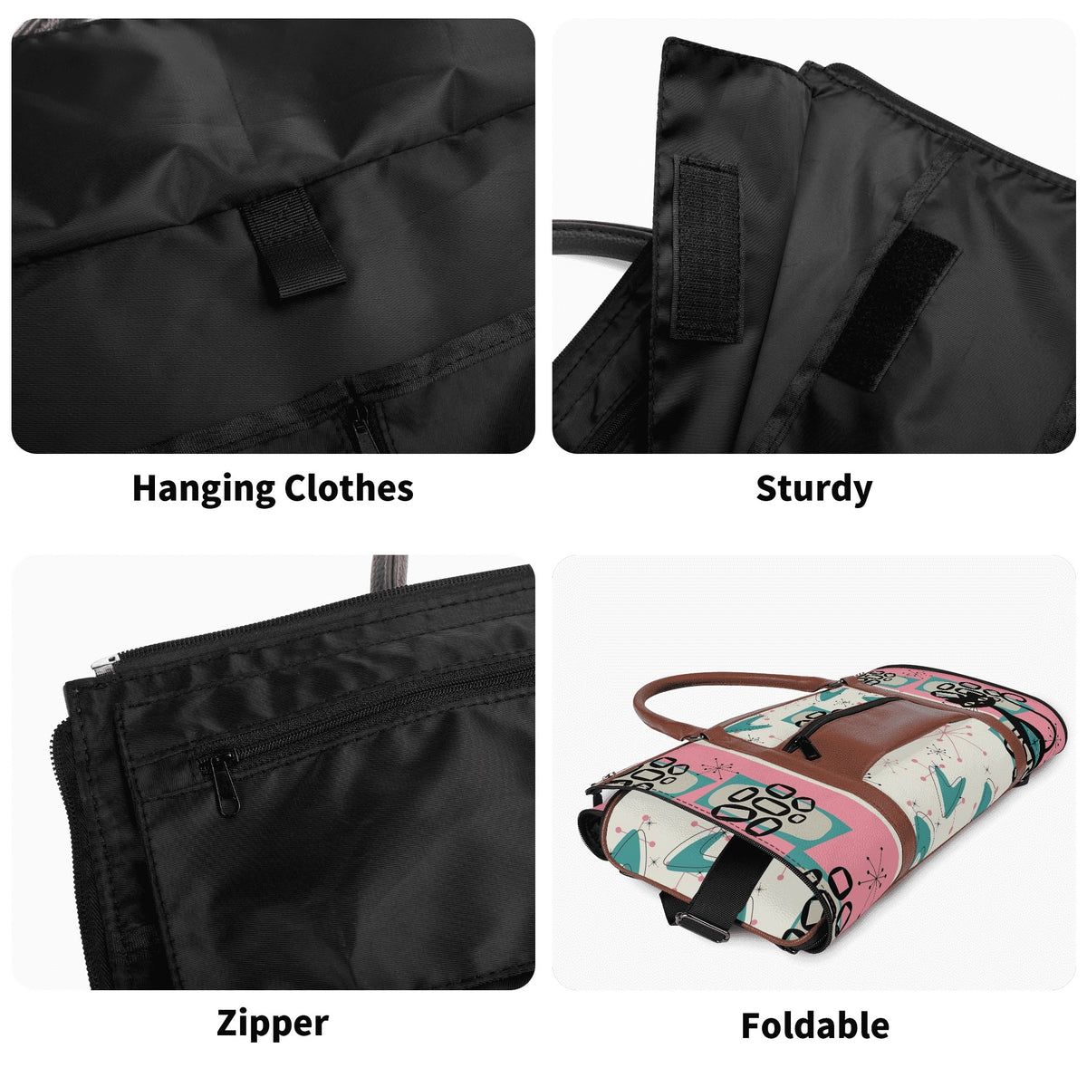 Mid Century Modern Travel Duffle Trifold Bag, Atomic Cat, Kitschy Pink, Aqua Starbursts Designed Retro Bag - Mid Century Modern Gal