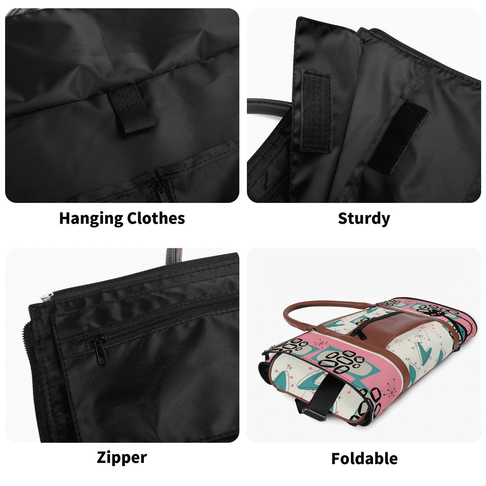 Mid Century Modern Travel Duffle Trifold Bag, Atomic Cat, Kitschy Pink, Aqua Starbursts Designed Retro Bag - Mid Century Modern Gal