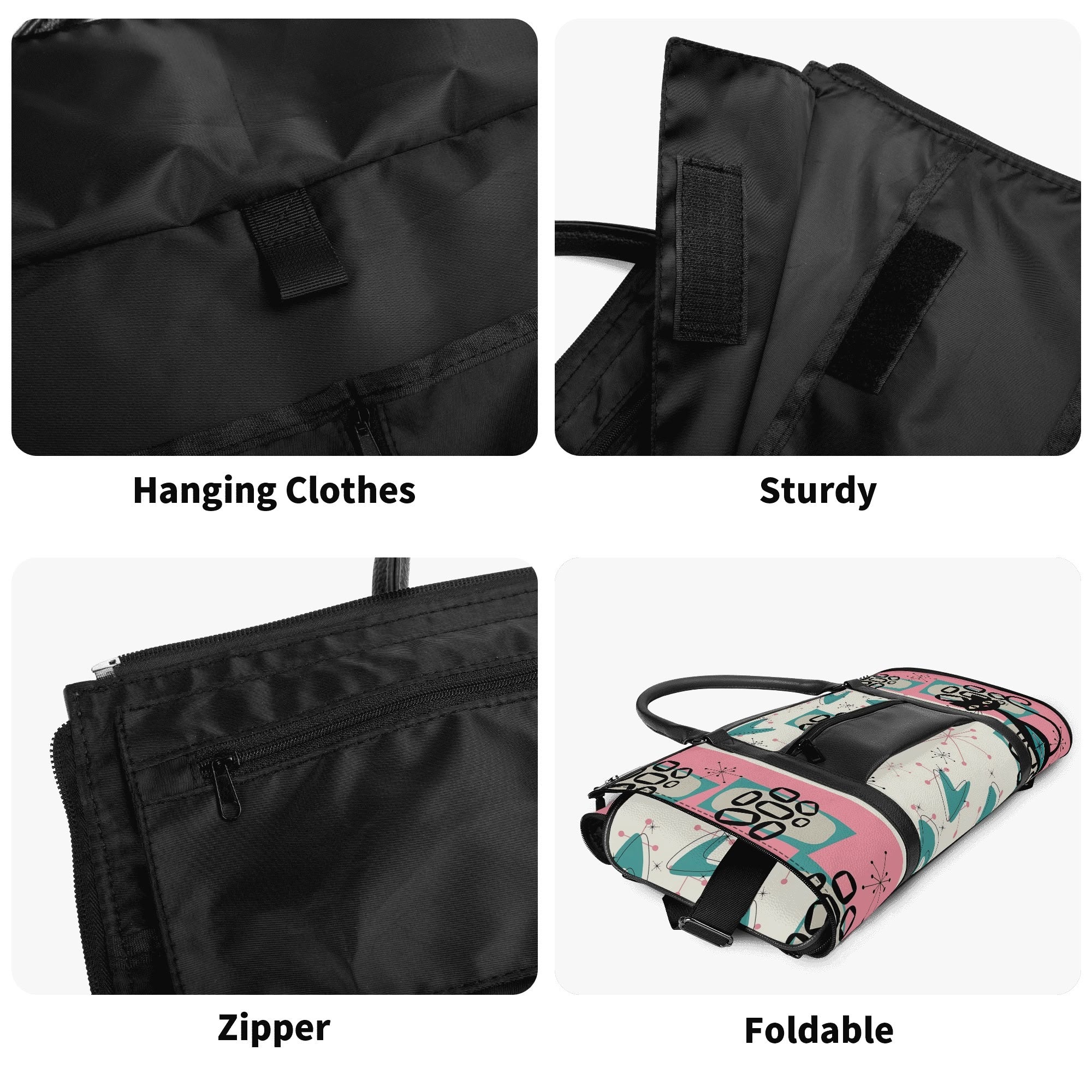 Mid Century Modern Travel Duffle Trifold Bag, Atomic Cat, Kitschy Pink, Aqua Starbursts Designed Retro Bag - Mid Century Modern Gal