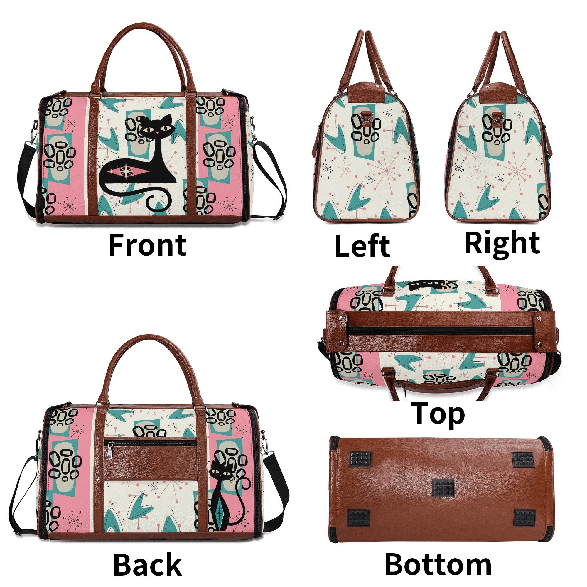Mid Century Modern Travel Duffle Trifold Bag, Atomic Cat, Kitschy Pink, Aqua Starbursts Designed Retro Bag - Mid Century Modern Gal