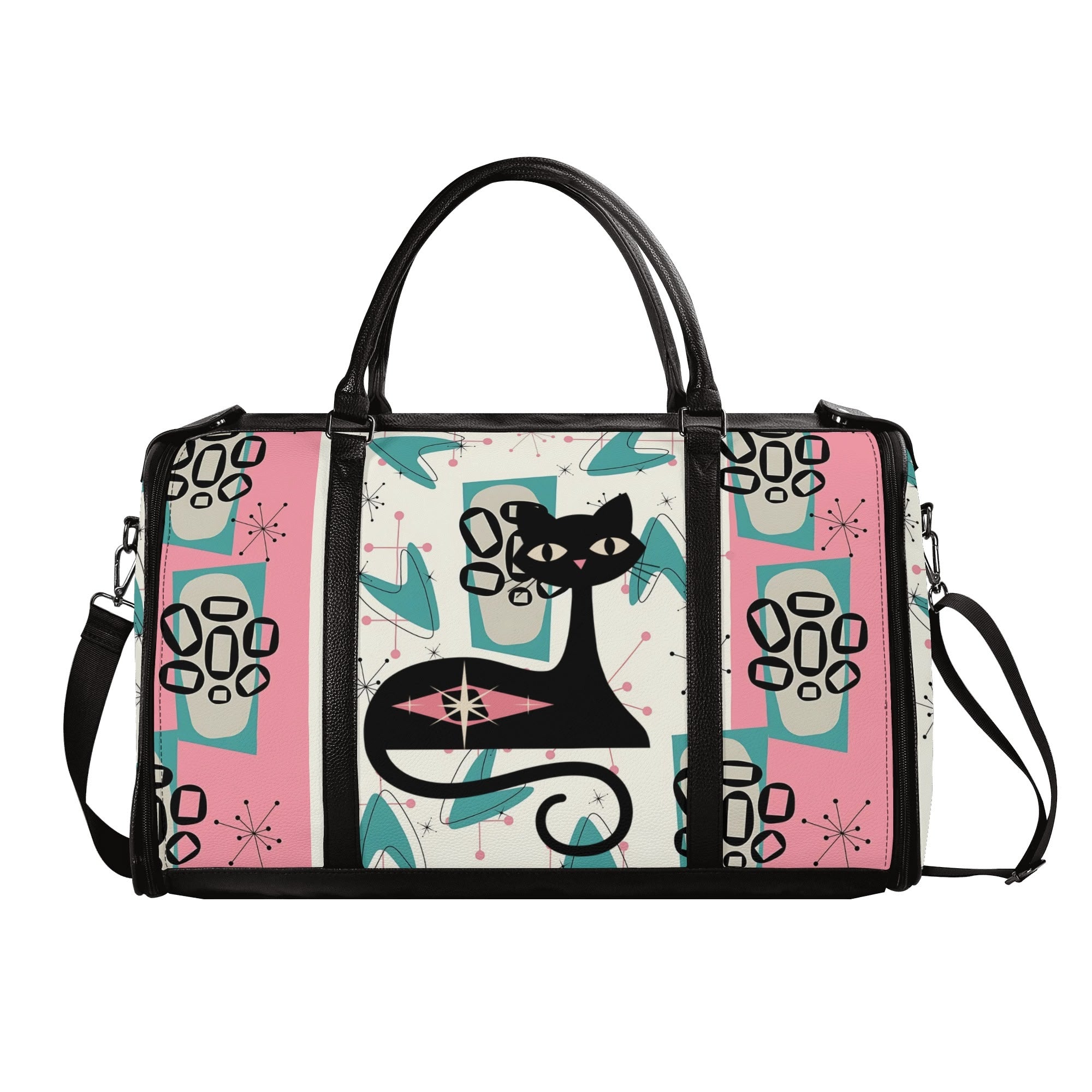 Mid Century Modern Travel Duffle Trifold Bag, Atomic Cat, Kitschy Pink, Aqua Starbursts Designed Retro Bag - Mid Century Modern Gal