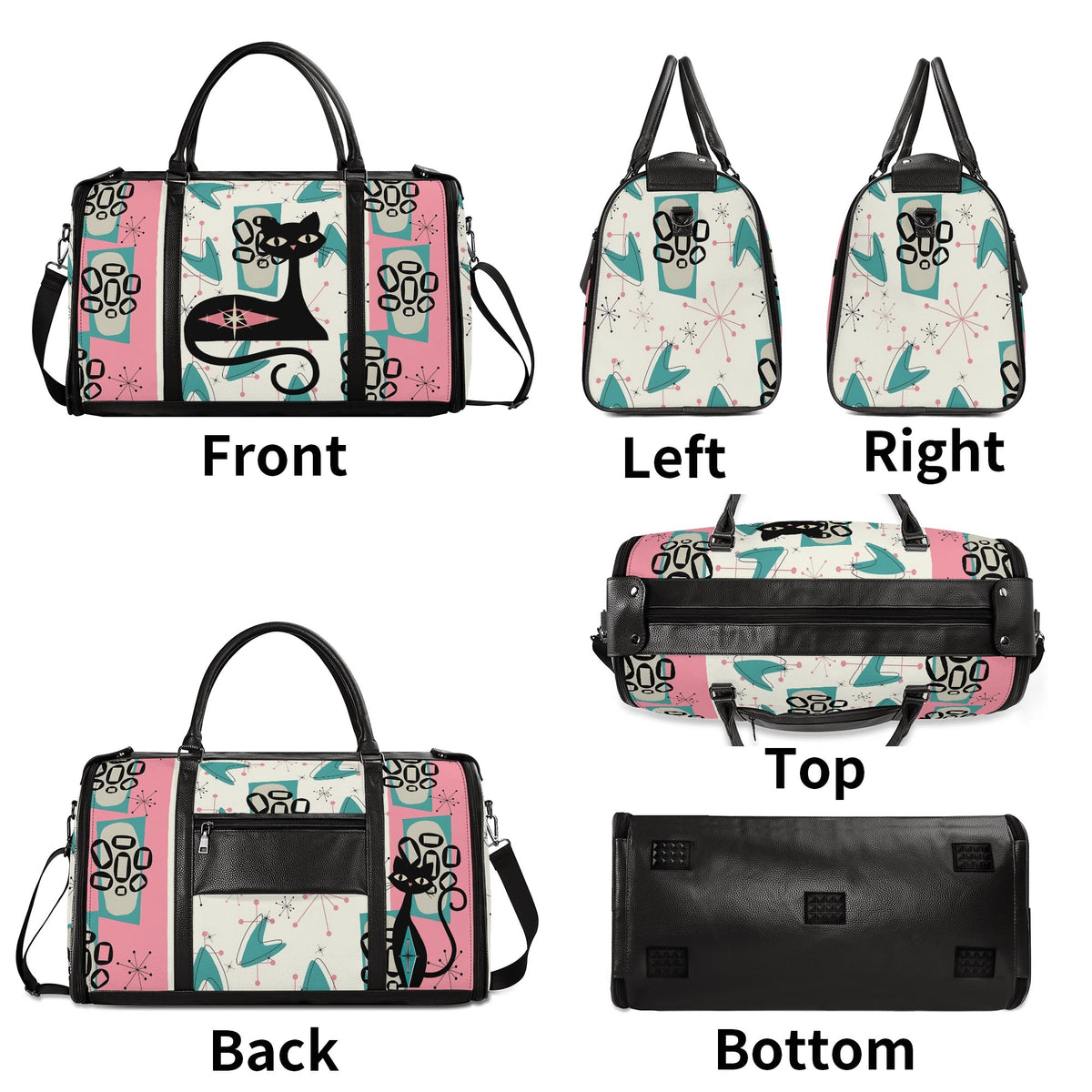 Mid Century Modern Travel Duffle Trifold Bag, Atomic Cat, Kitschy Pink, Aqua Starbursts Designed Retro Bag - Mid Century Modern Gal