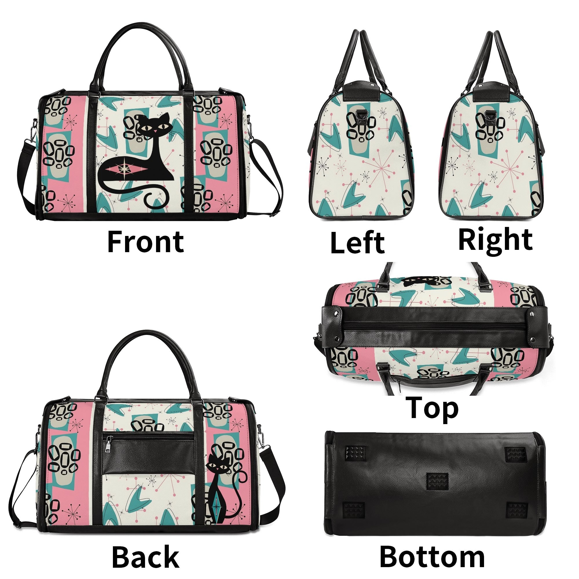 Mid Century Modern Travel Duffle Trifold Bag, Atomic Cat, Kitschy Pink, Aqua Starbursts Designed Retro Bag - Mid Century Modern Gal