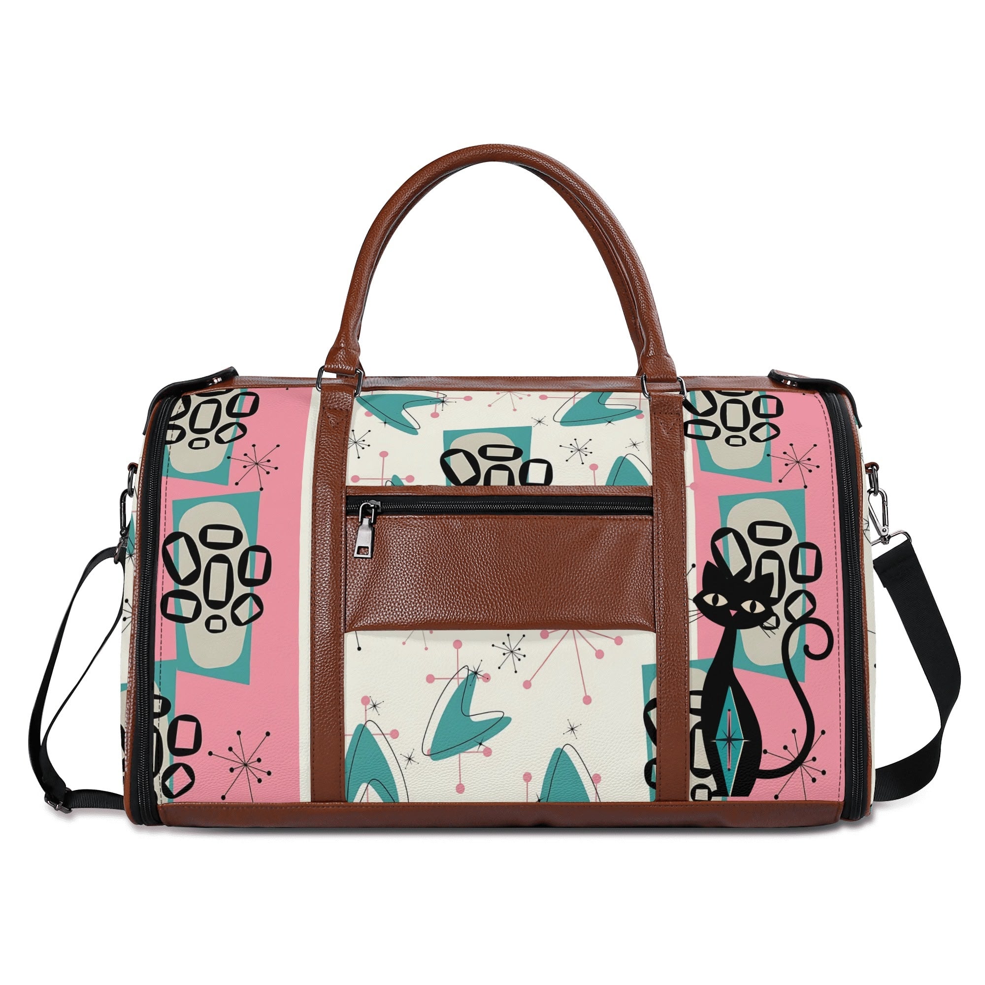 Mid Century Modern Travel Duffle Trifold Bag, Atomic Cat, Kitschy Pink, Aqua Starbursts Designed Retro Bag - Mid Century Modern Gal