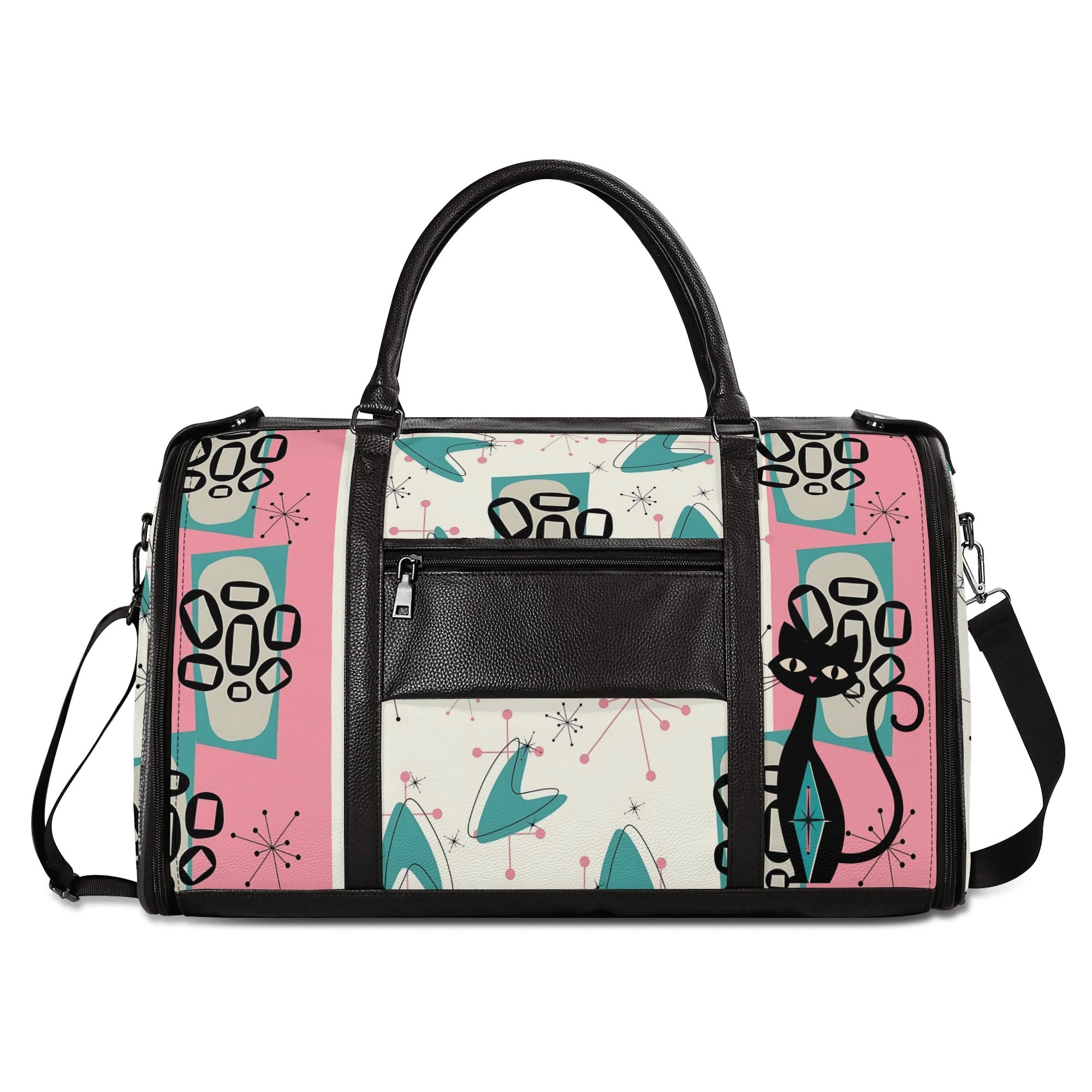 Mid Century Modern Travel Duffle Trifold Bag, Atomic Cat, Kitschy Pink, Aqua Starbursts Designed Retro Bag - Mid Century Modern Gal
