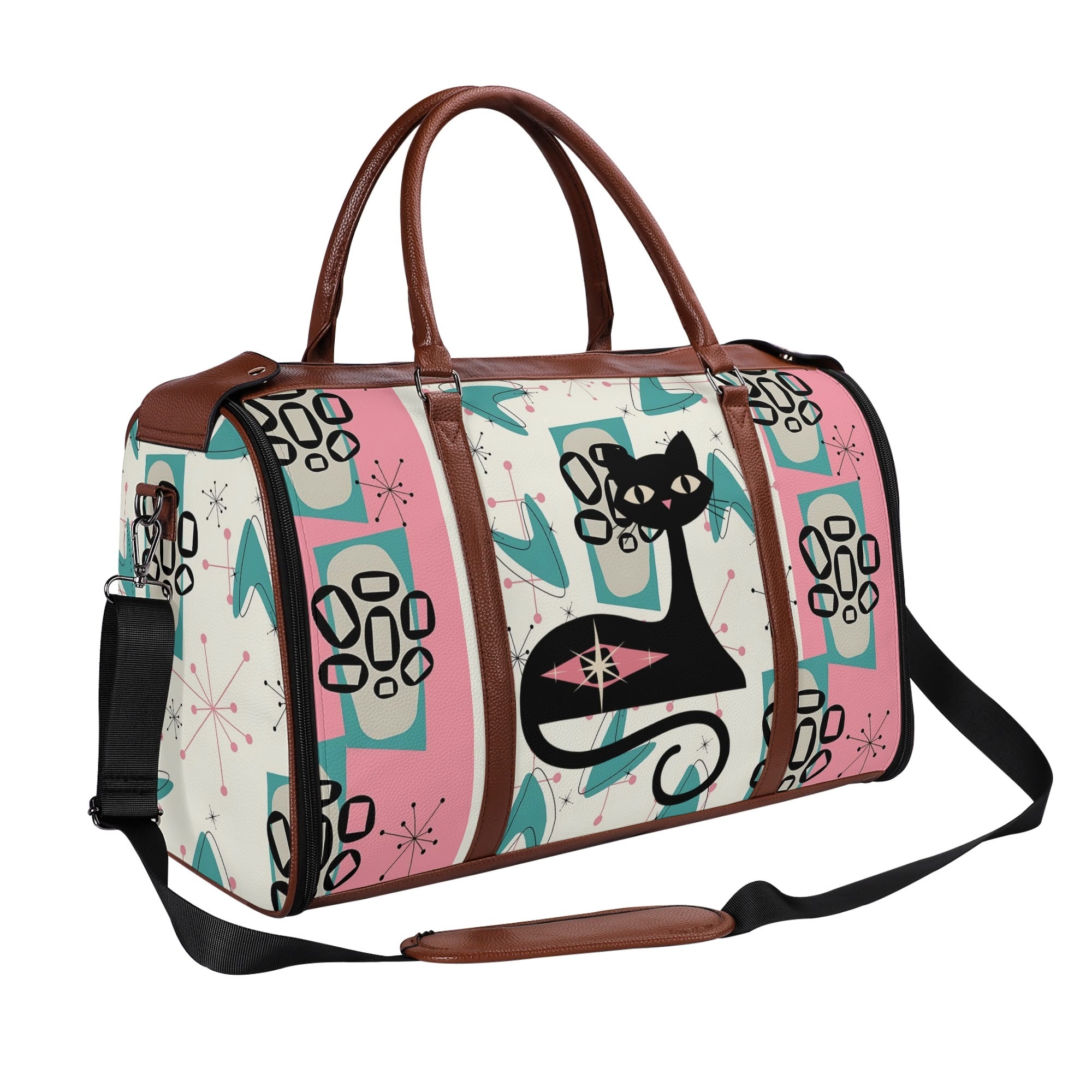 Mid Century Modern Travel Duffle Trifold Bag, Atomic Cat, Kitschy Pink, Aqua Starbursts Designed Retro Bag - Mid Century Modern Gal