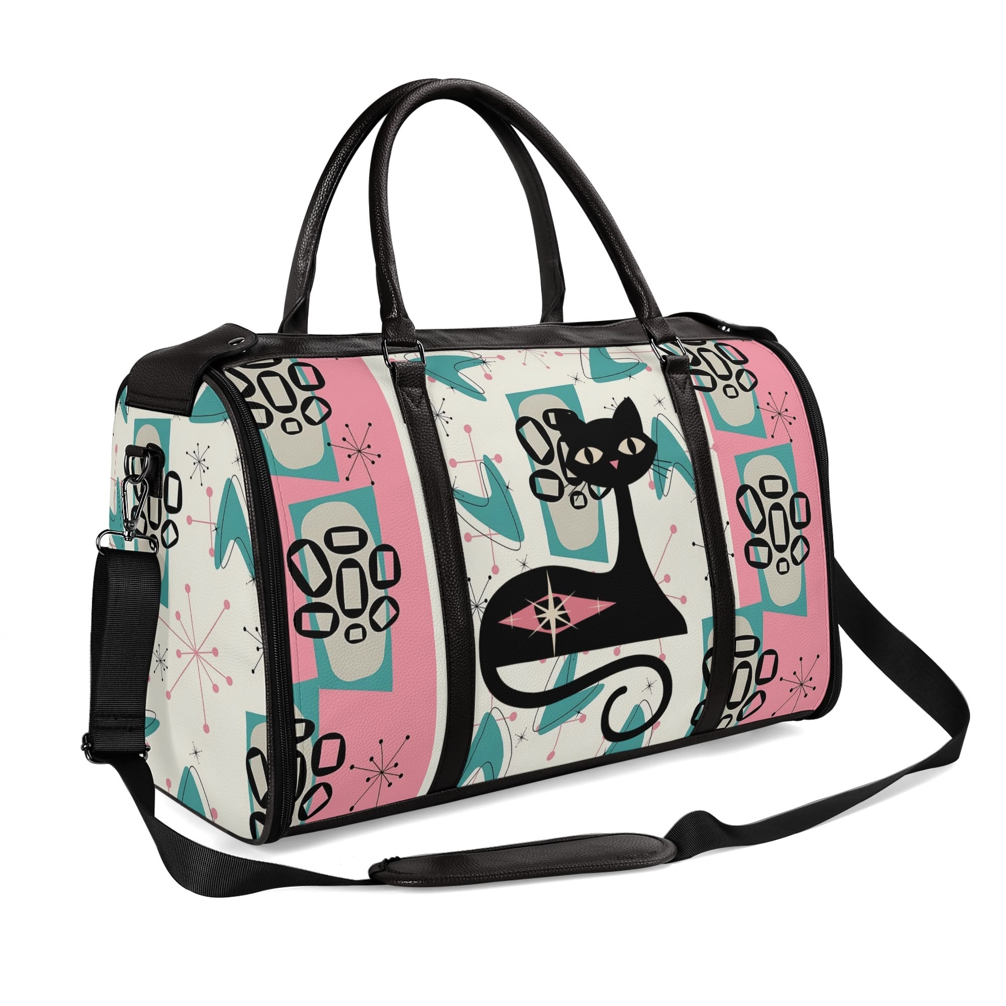 Mid Century Modern Travel Duffle Trifold Bag, Atomic Cat, Kitschy Pink, Aqua Starbursts Designed Retro Bag - Mid Century Modern Gal