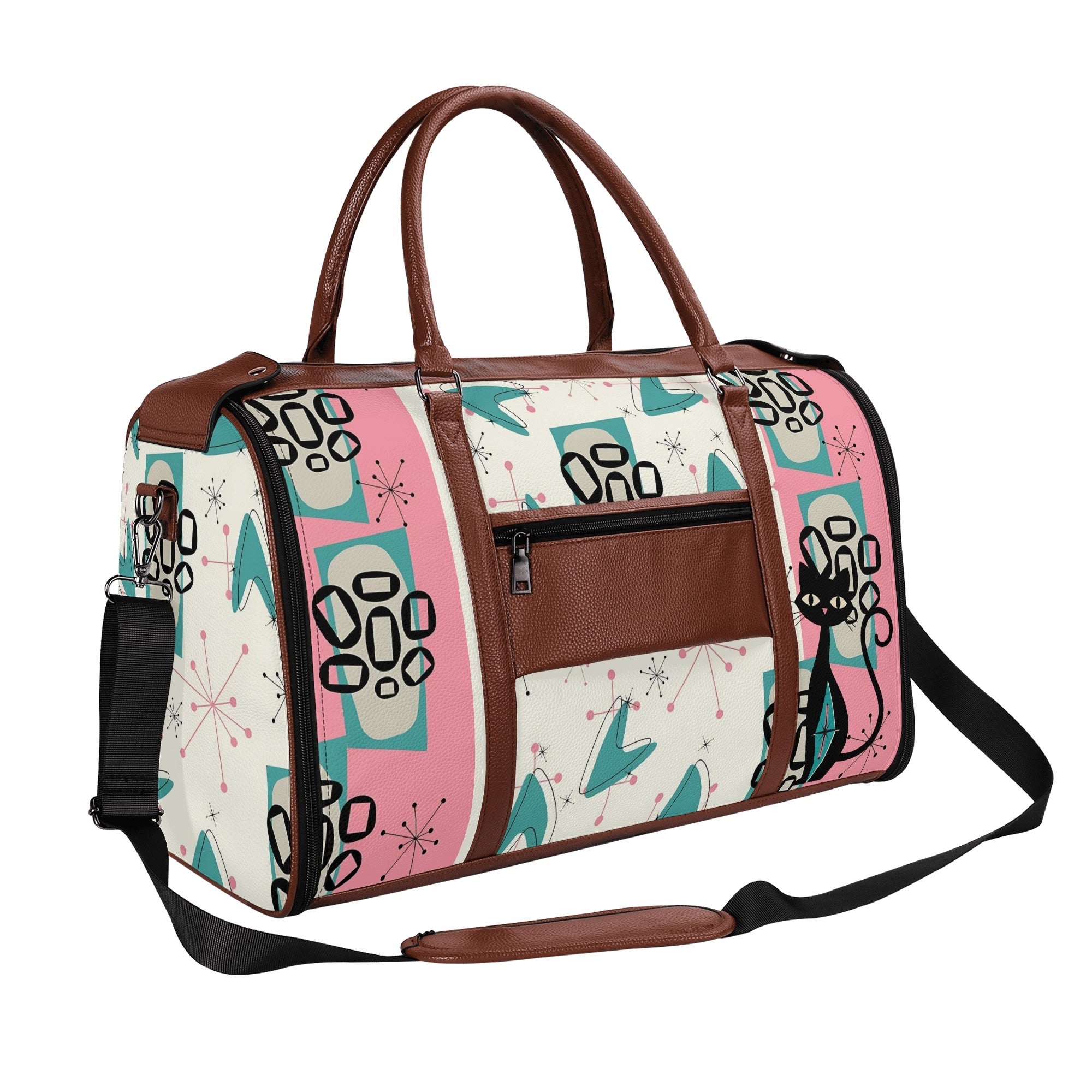 Mid Century Modern Travel Duffle Trifold Bag, Atomic Cat, Kitschy Pink, Aqua Starbursts Designed Retro Bag - Mid Century Modern Gal