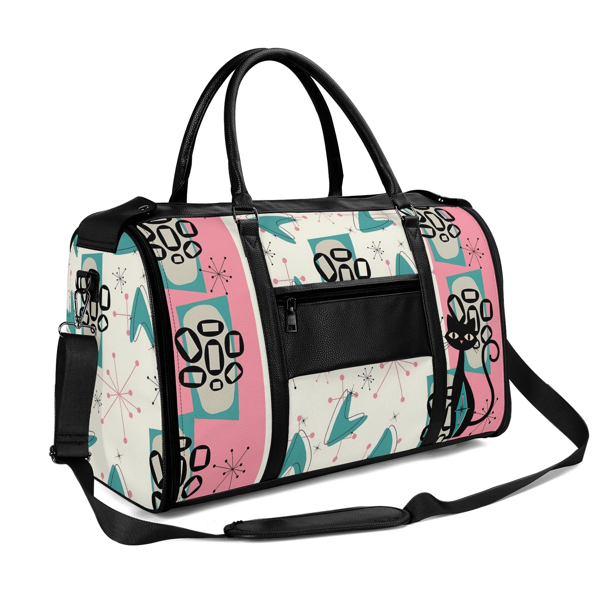 Mid Century Modern Travel Duffle Trifold Bag, Atomic Cat, Kitschy Pink, Aqua Starbursts Designed Retro Bag - Mid Century Modern Gal