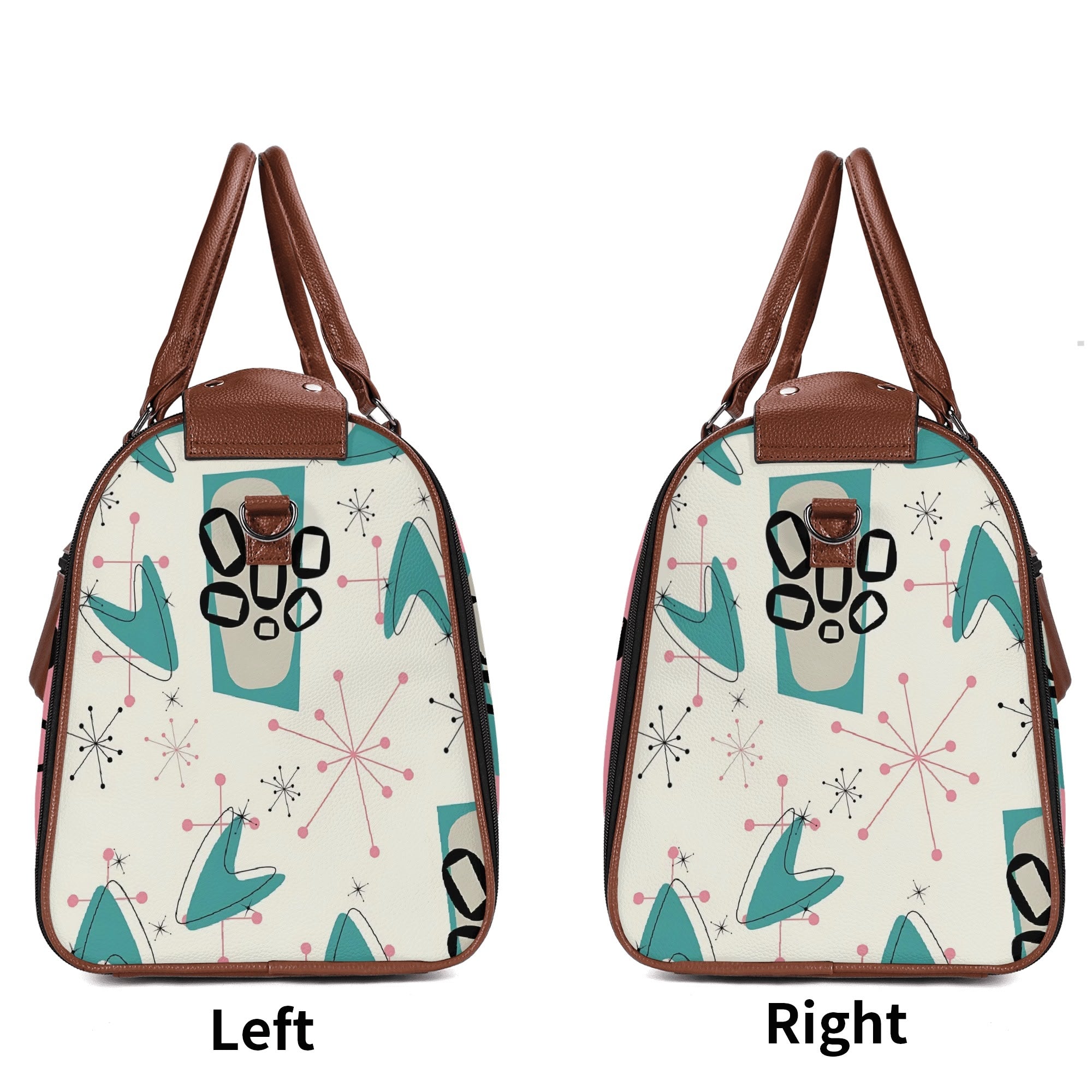 Mid Century Modern Travel Duffle Trifold Bag, Atomic Cat, Kitschy Pink, Aqua Starbursts Designed Retro Bag - Mid Century Modern Gal