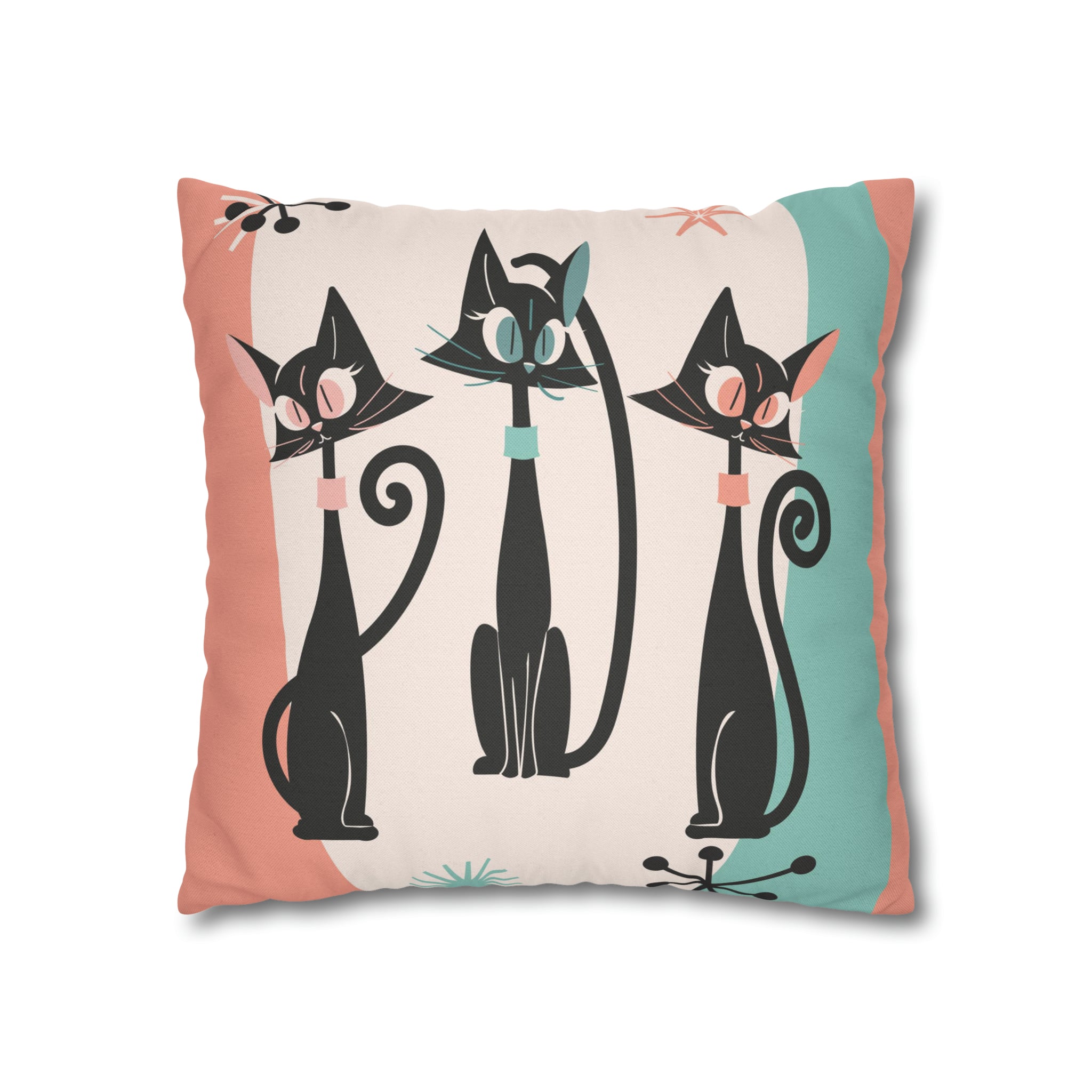 Atomic Cat Pillow, Kitschy 50s Mid Century Modern Style, Coral, Aqua, Creamy Beige, Retro MCM Atomic Home Living Pillow COVER - Mid Century Modern Gal