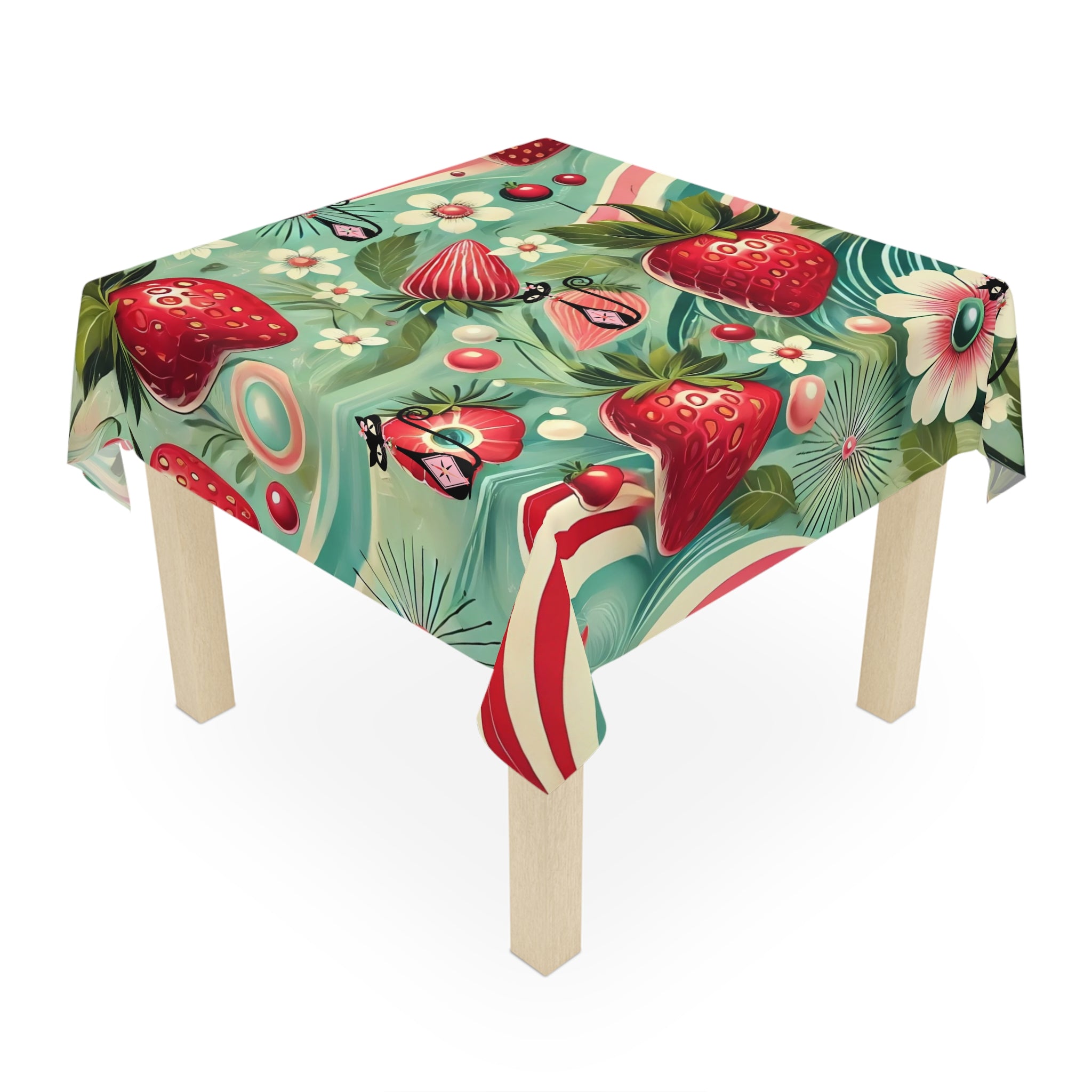 Atomic Cat, Vintage Cat and Strawberry Tablecloth - Perfect for Summer Gatherings & Celebrations - Mid Century Modern Gal