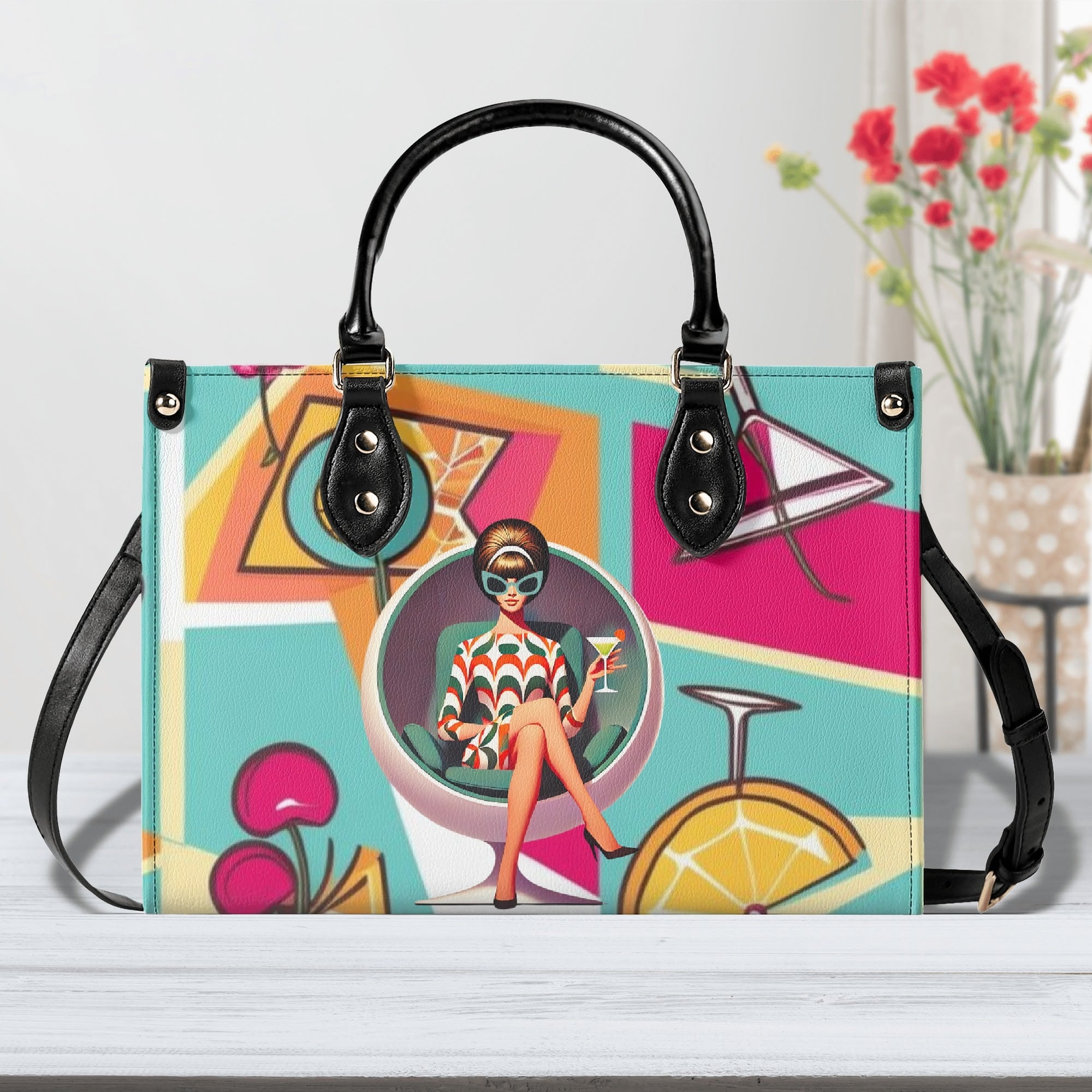 Mid Century Modern Gal Signature Atomic Cat, Atomic Kitschy 60s Gal, Martini Lover Handbag, Shoulder Bag - Mid Century Modern Gal
