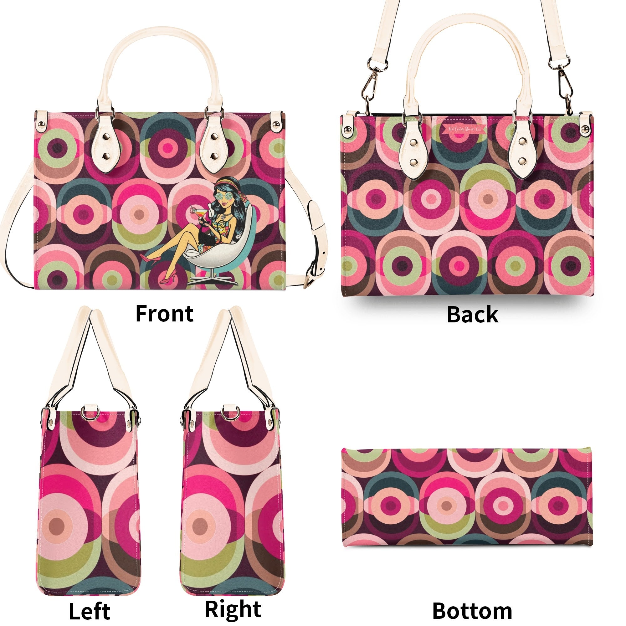 Mid Century Modern Gal Signature Atomic Cat And Hippie Mod Gal, Retro Orbs Summer Vibes Handbag - Mid Century Modern Gal