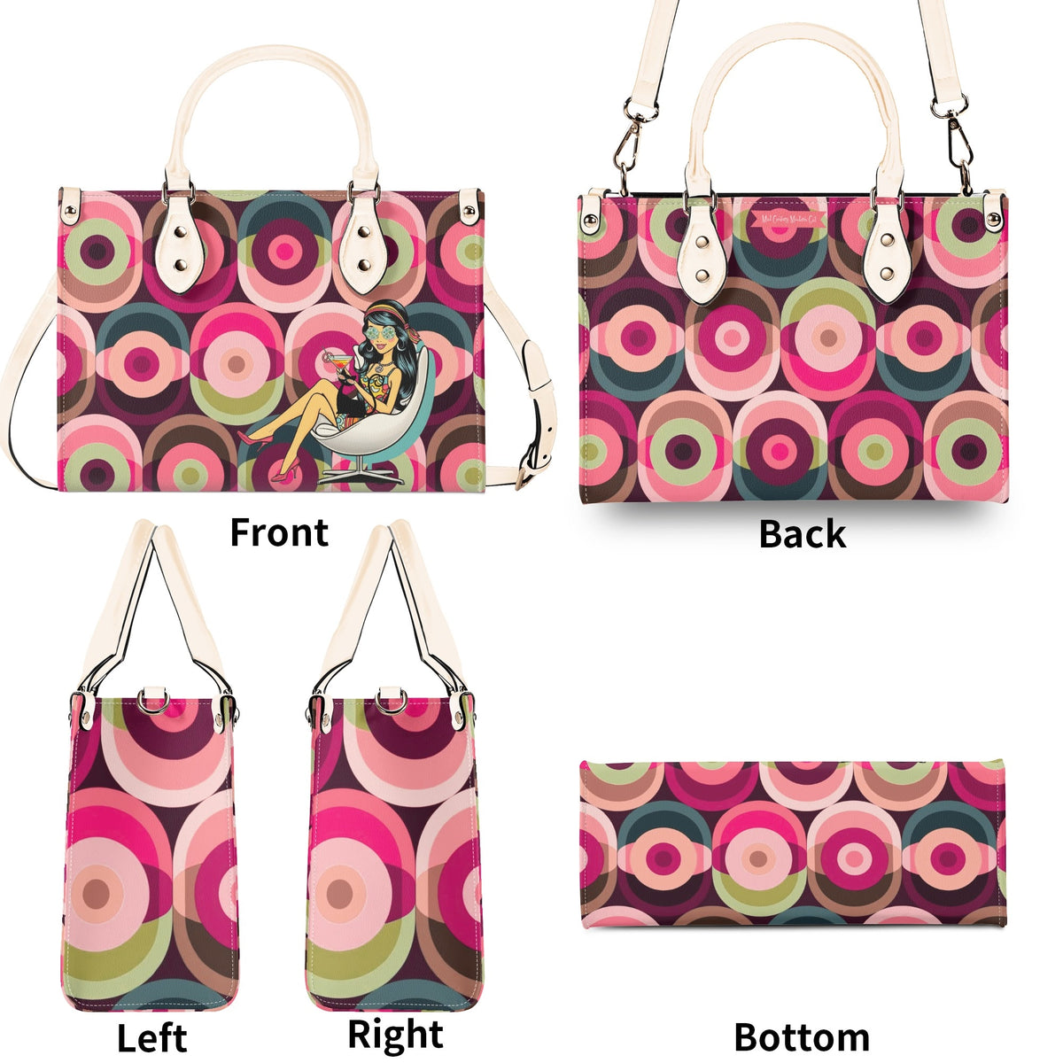 Mid Century Modern Gal Signature Atomic Cat And Hippie Mod Gal, Retro Orbs Summer Vibes Handbag - Mid Century Modern Gal