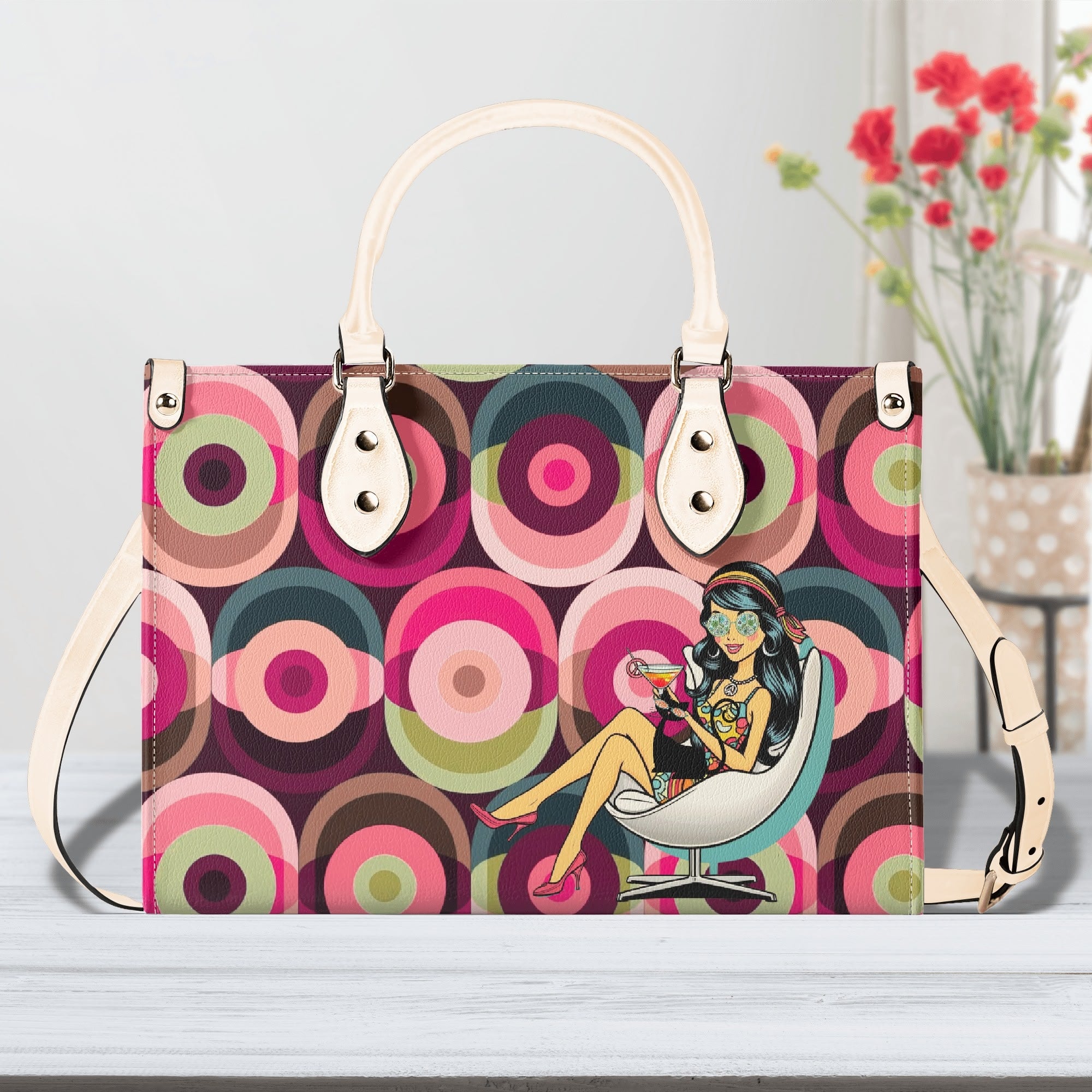 Mid Century Modern Gal Signature Atomic Cat And Hippie Mod Gal, Retro Orbs Summer Vibes Handbag - Mid Century Modern Gal