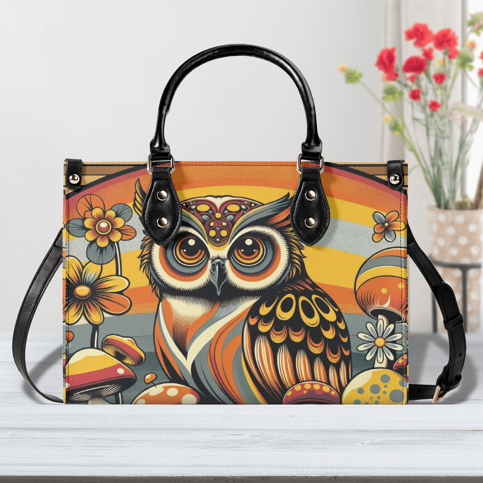 Groovy 70s Retro Owl, Mushroom, Floral Hipster Funky Flaired Handbag Shoulder Bag - Mid Century Modern Gal