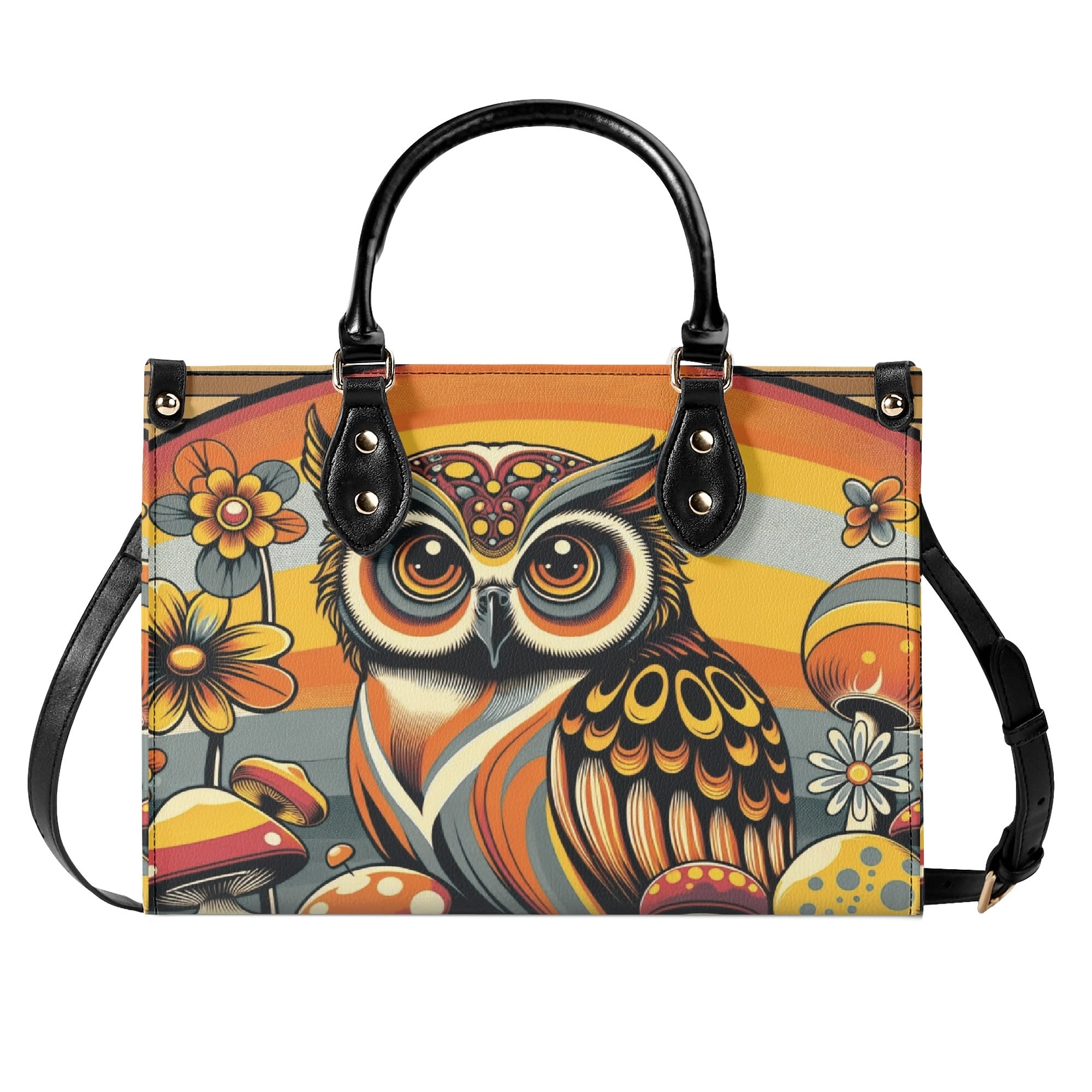 Groovy 70s Retro Owl, Mushroom, Floral Hipster Funky Flaired Handbag Shoulder Bag - Mid Century Modern Gal