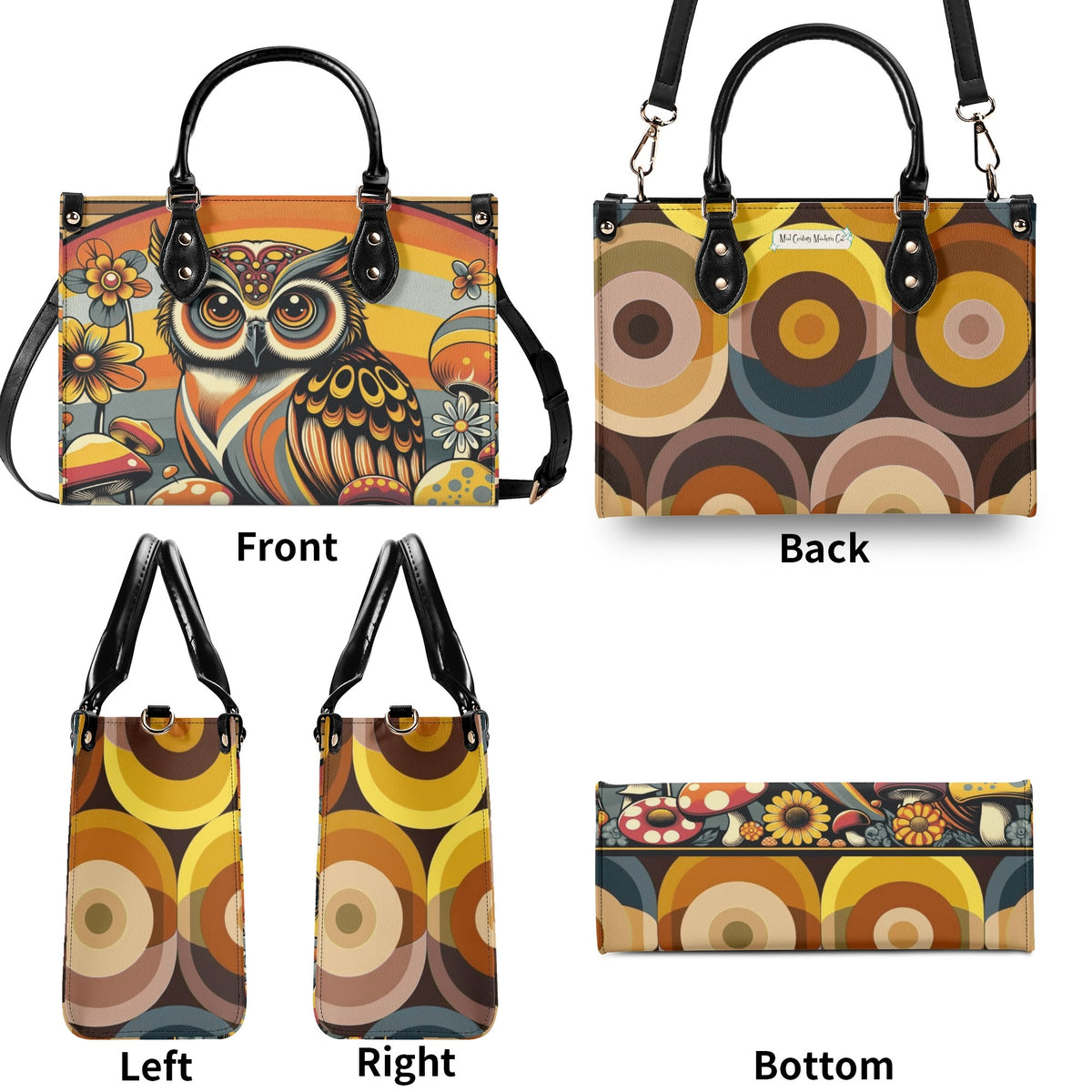 Groovy 70s Retro Owl, Mushroom, Floral Hipster Funky Flaired Handbag Shoulder Bag - Mid Century Modern Gal