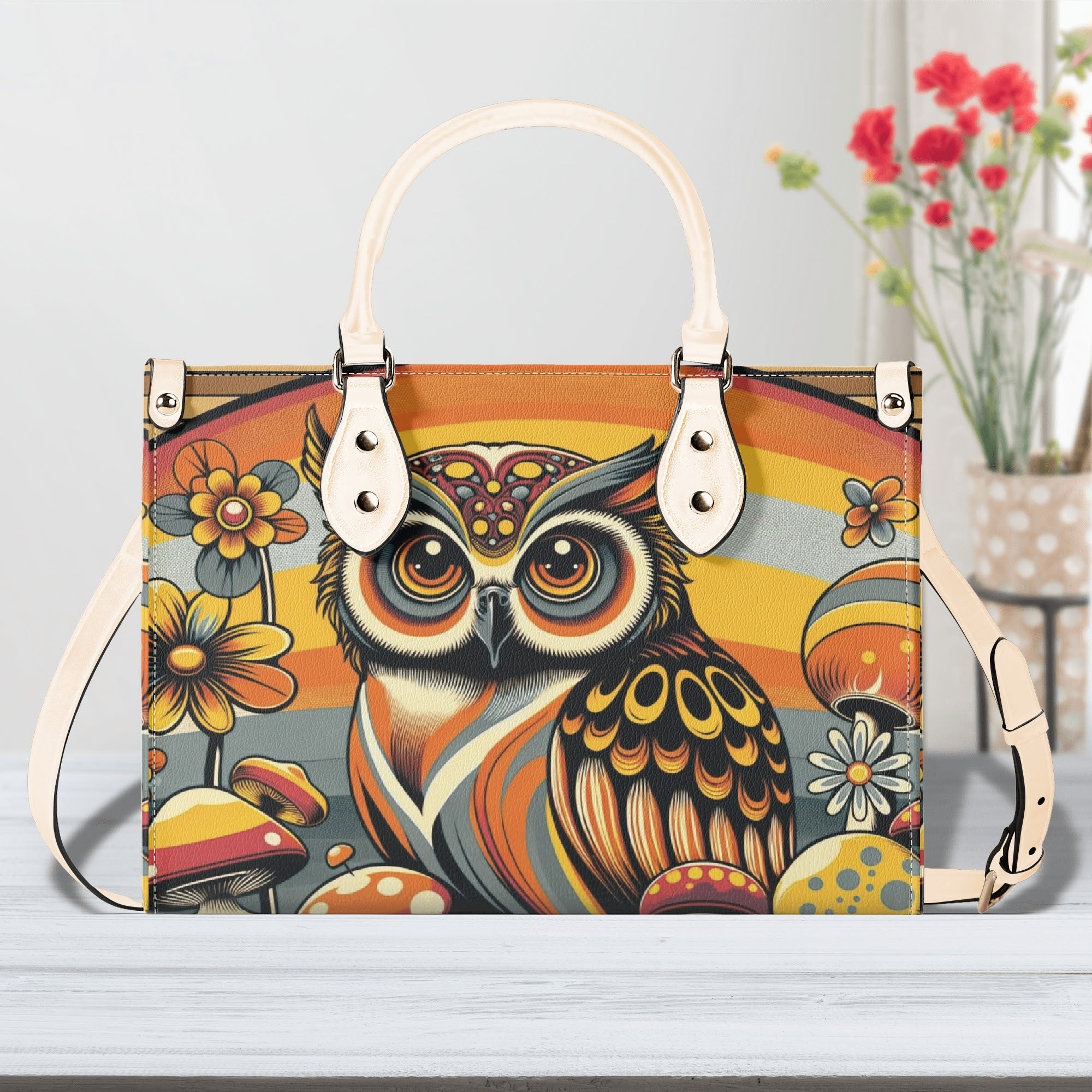 Groovy 70s Retro Owl, Mushroom, Floral Hipster Funky Flaired Handbag Shoulder Bag - Mid Century Modern Gal