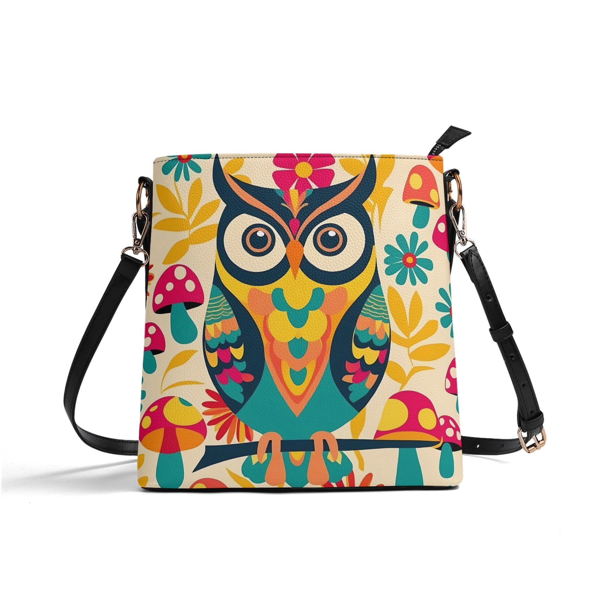 Retro 70s Mushroom, Owl Flower Power Groovy Mid Mod Shoulder Bucket Bag - Mid Century Modern Gal