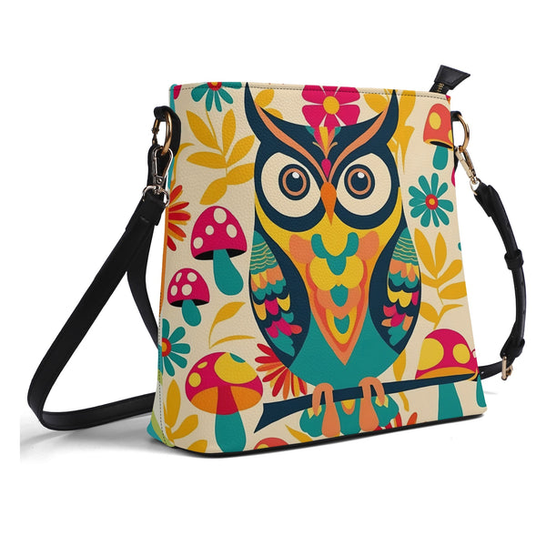 Retro 70s Mushroom, Owl Flower Power Groovy Mid Mod Shoulder Bucket Bag