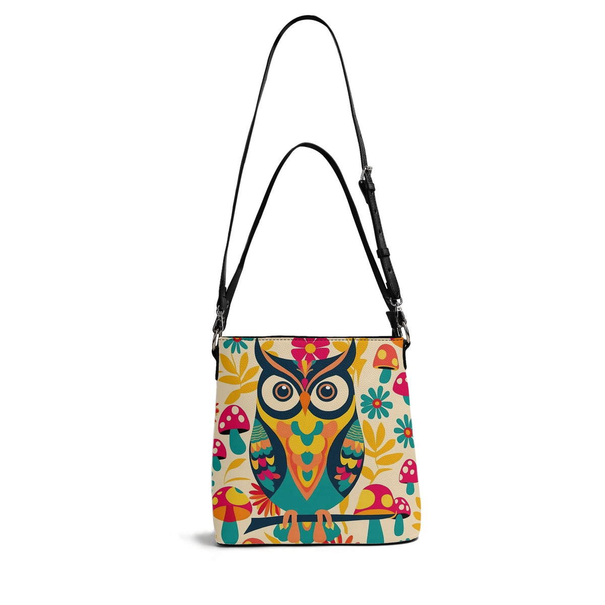 Retro 70s Mushroom, Owl Flower Power Groovy Mid Mod Shoulder Bucket Bag - Mid Century Modern Gal