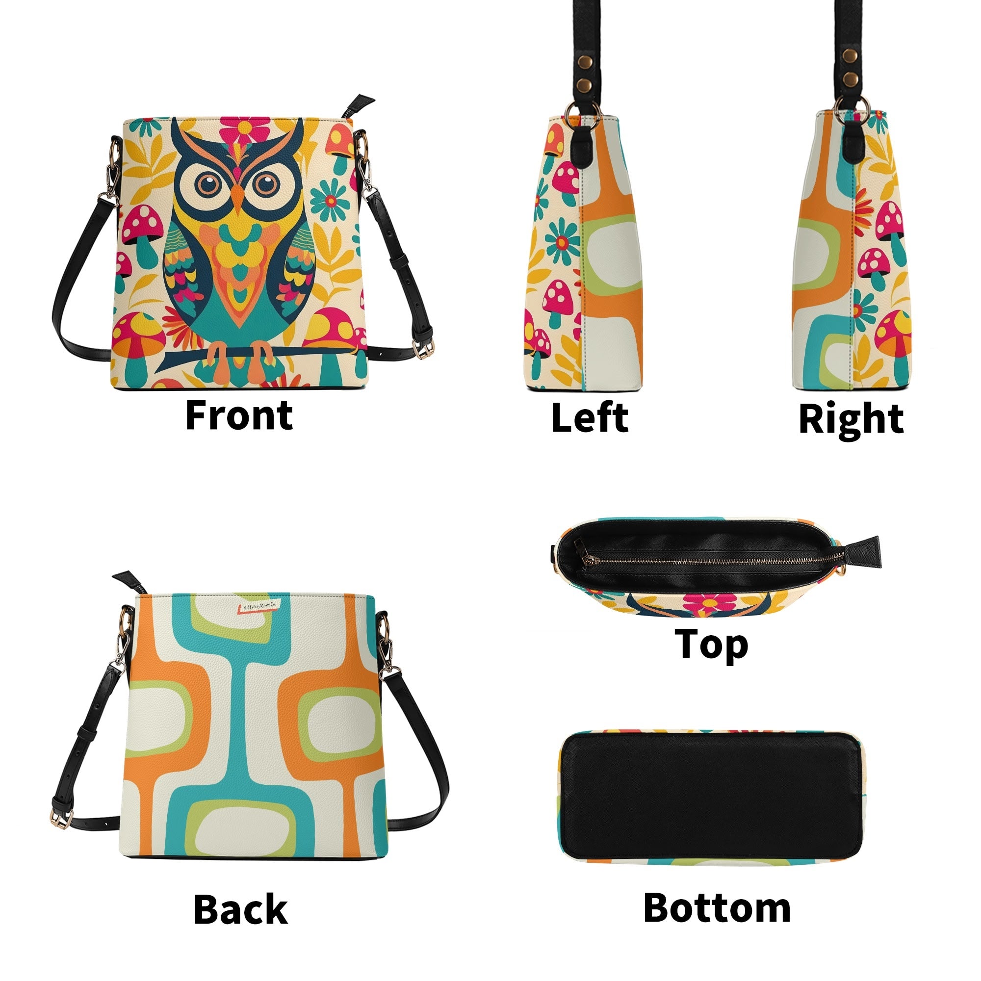 Retro 70s Mushroom, Owl Flower Power Groovy Mid Mod Shoulder Bucket Bag - Mid Century Modern Gal