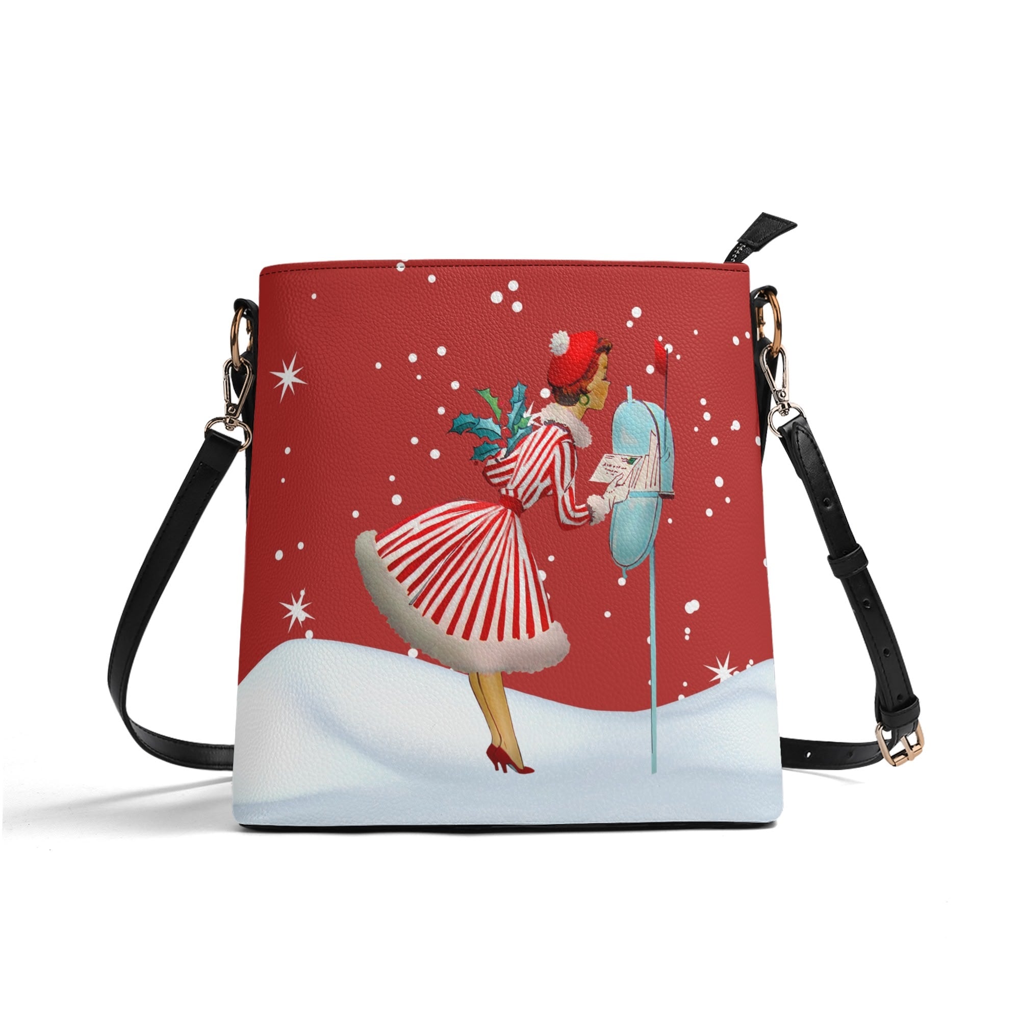 Mid Century Modern Holiday Kitschy Mod Gal, Red Retro Christmas Trendy Bucket Shoulder Bag - Mid Century Modern Gal