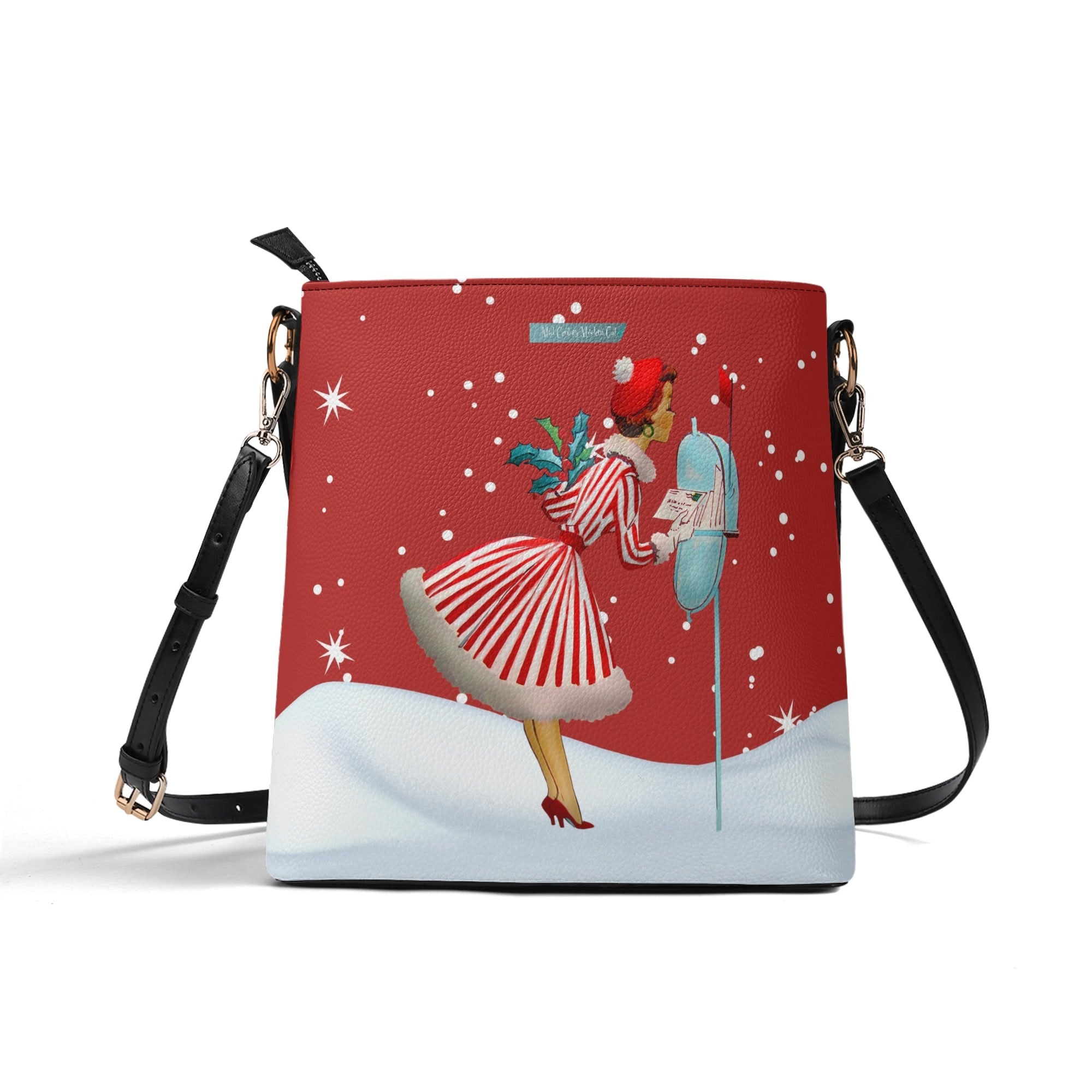 Mid Century Modern Holiday Kitschy Mod Gal, Red Retro Christmas Trendy Bucket Shoulder Bag - Mid Century Modern Gal