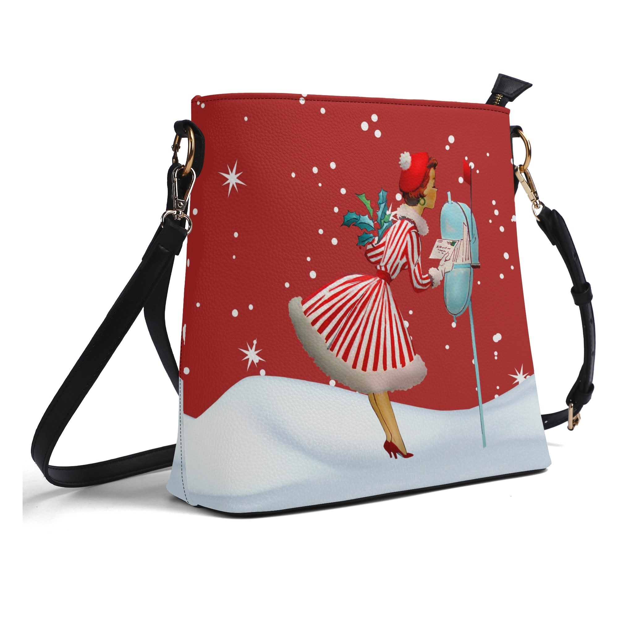 Mid Century Modern Holiday Kitschy Mod Gal, Red Retro Christmas Trendy Bucket Shoulder Bag - Mid Century Modern Gal
