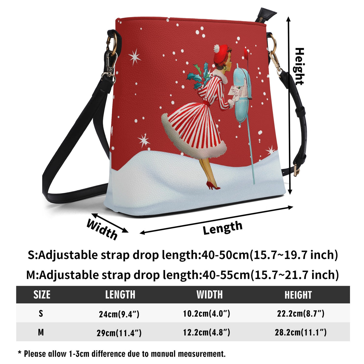 Mid Century Modern Holiday Kitschy Mod Gal, Red Retro Christmas Trendy Bucket Shoulder Bag - Mid Century Modern Gal