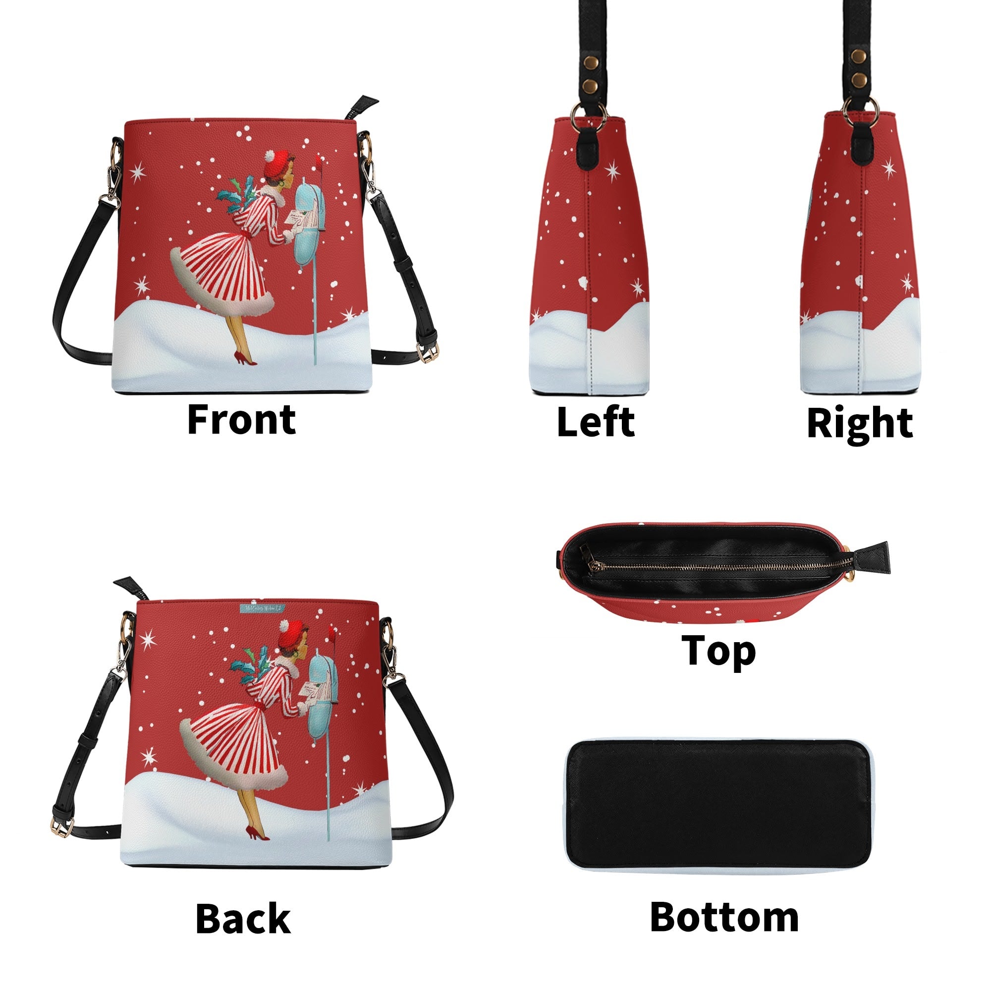 Mid Century Modern Holiday Kitschy Mod Gal, Red Retro Christmas Trendy Bucket Shoulder Bag - Mid Century Modern Gal
