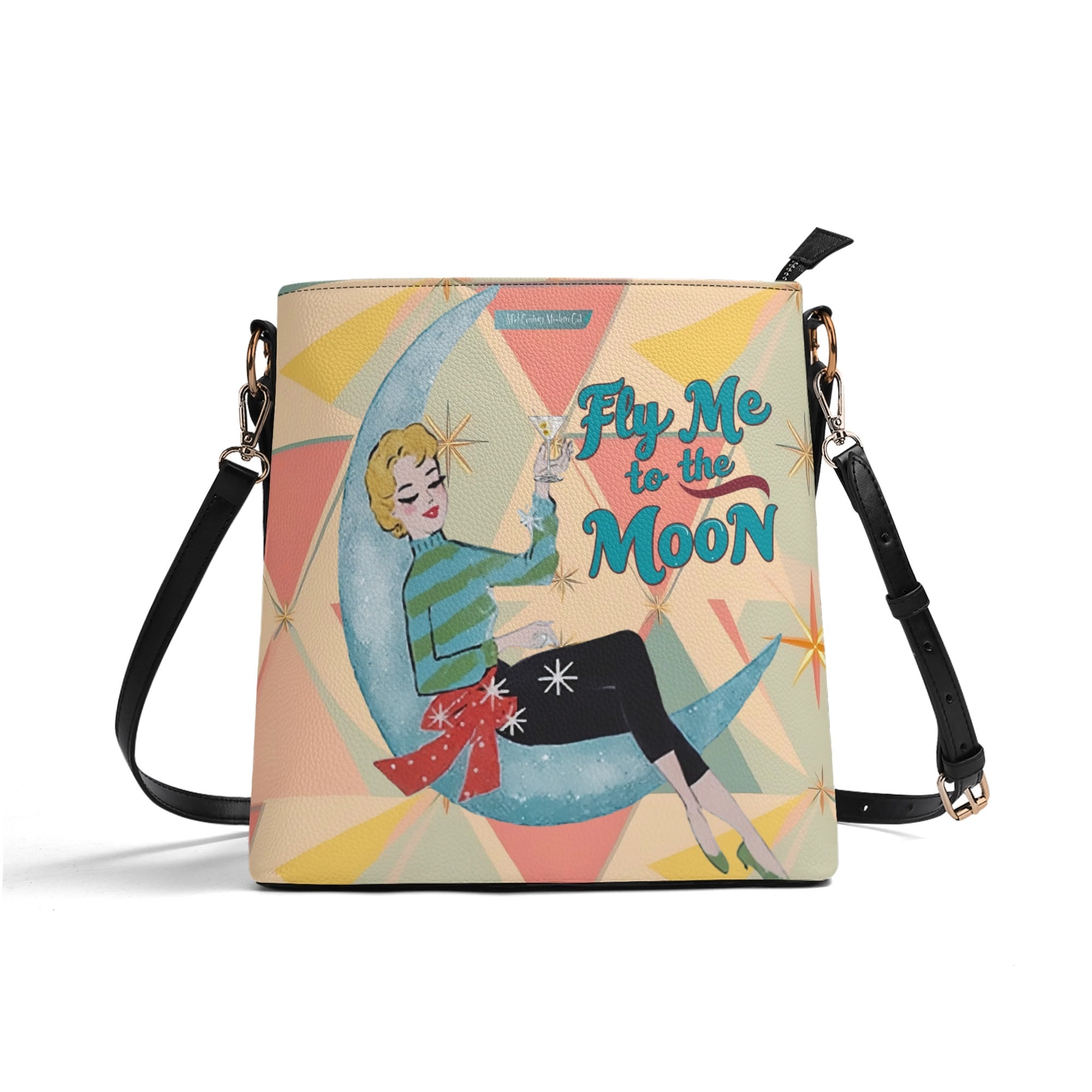 Mid Century Modern Kitschy Christmas Fly Me To The Moon Holiday Trendy Bucket Bag - Mid Century Modern Gal