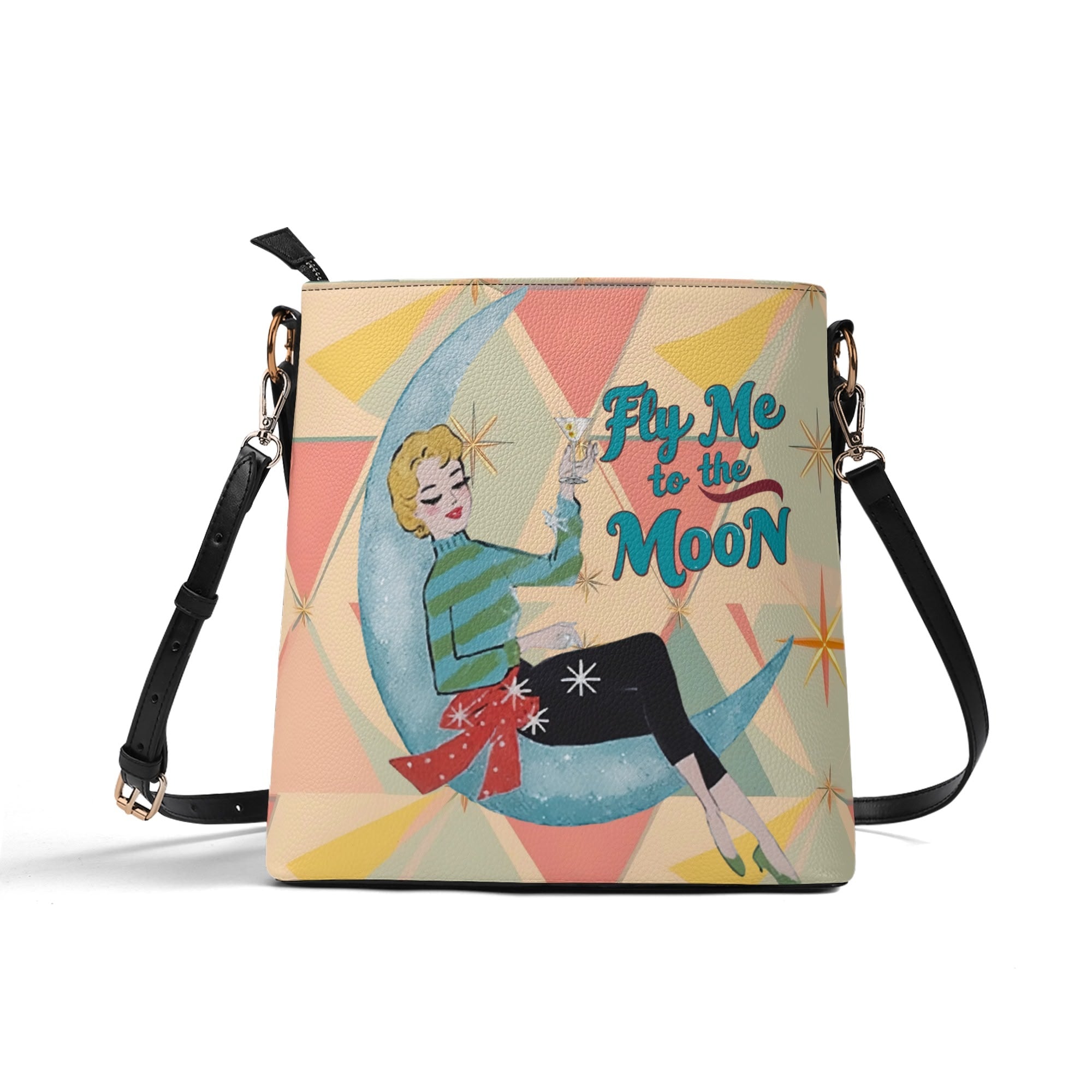 Mid Century Modern Kitschy Christmas Fly Me To The Moon Holiday Trendy Bucket Bag - Mid Century Modern Gal