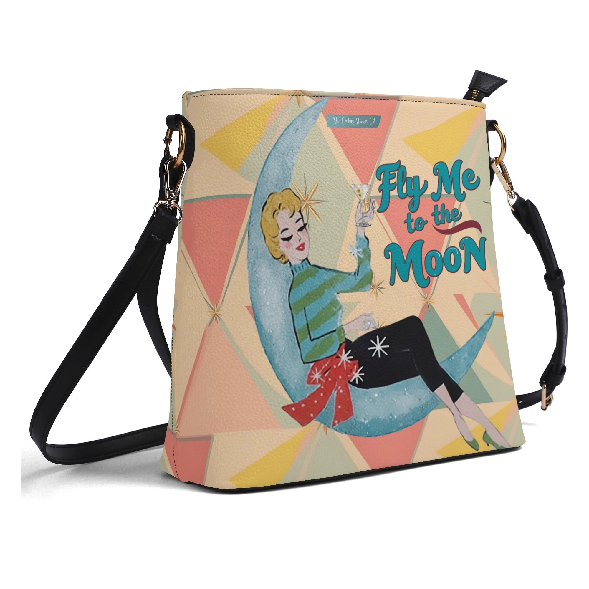 Mid Century Modern Kitschy Christmas Fly Me To The Moon Holiday Trendy Bucket Bag - Mid Century Modern Gal