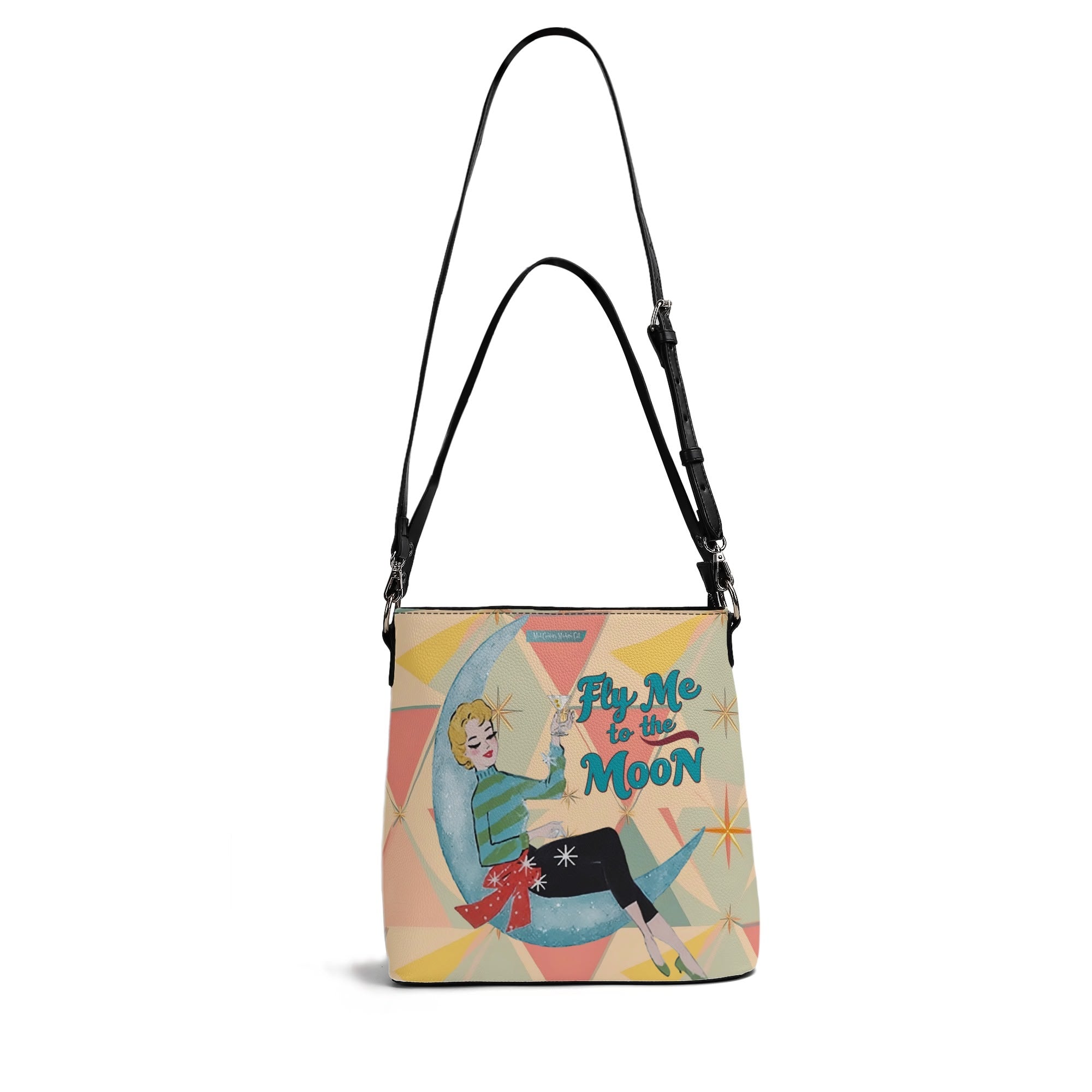 Mid Century Modern Kitschy Christmas Fly Me To The Moon Holiday Trendy Bucket Bag - Mid Century Modern Gal