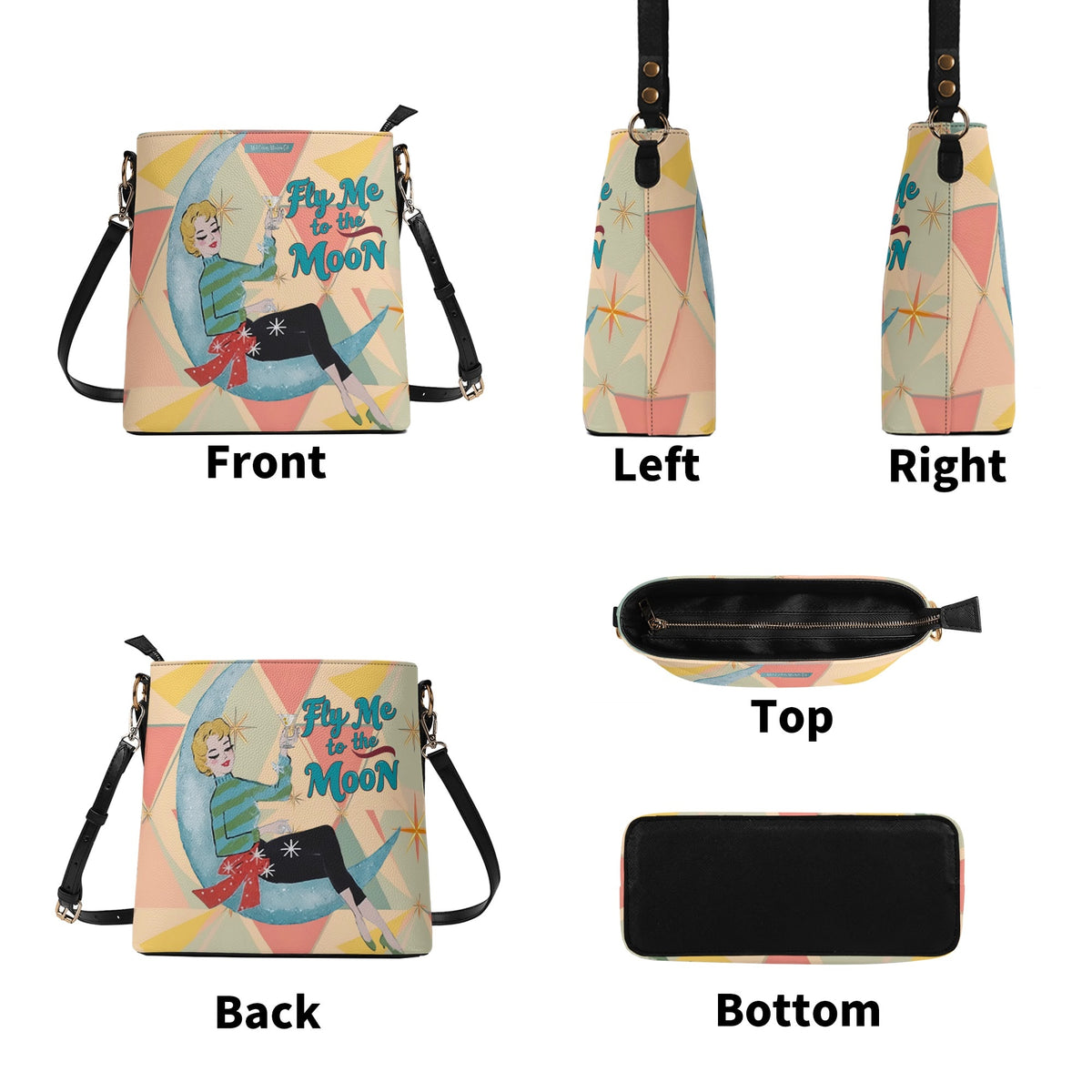 Mid Century Modern Kitschy Christmas Fly Me To The Moon Holiday Trendy Bucket Bag - Mid Century Modern Gal