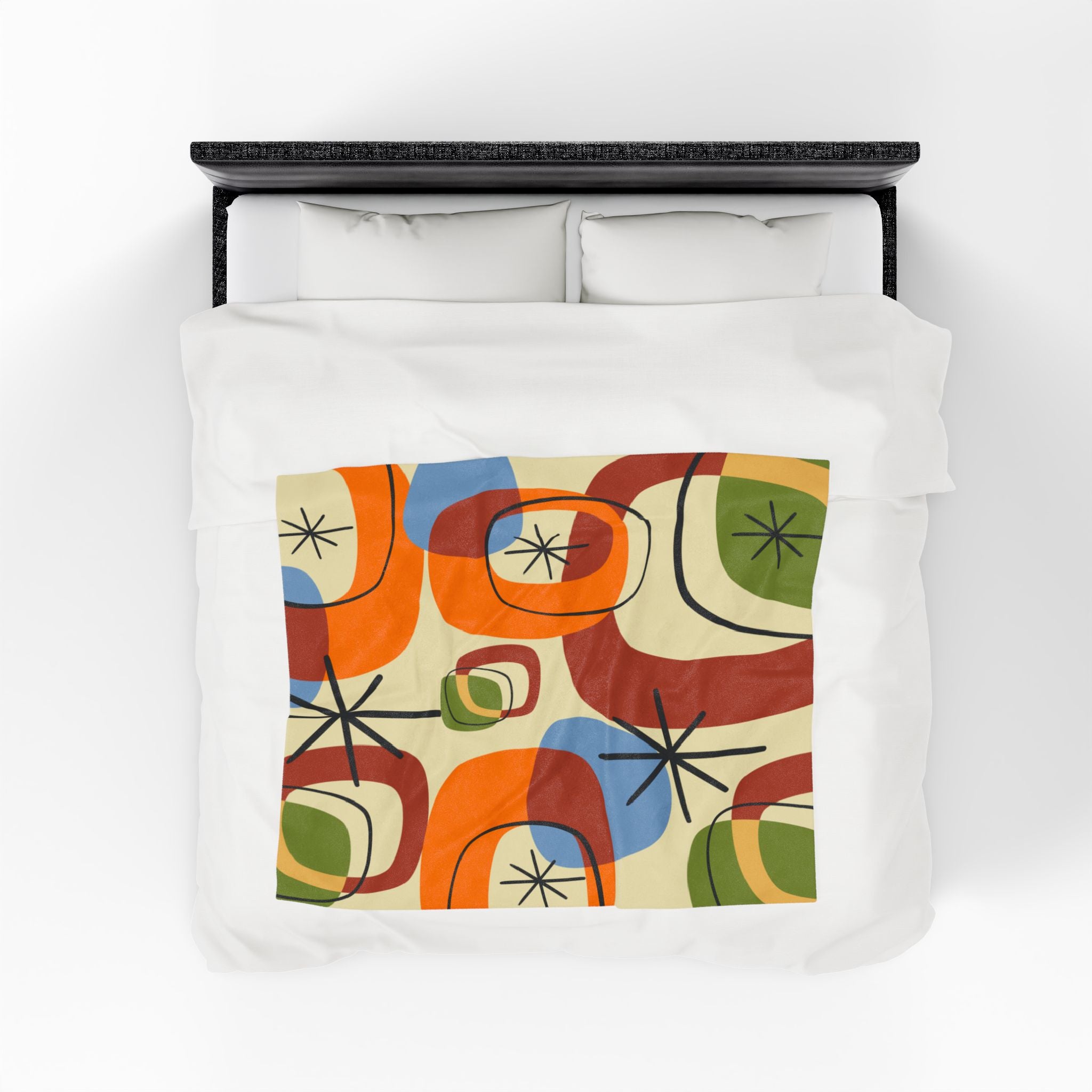 Retro Geo Pattern THIN Cozy, Warm Mid Century Modern Groovy Green, Orange, Blue, Black, Light Beige Background Velveteen Plush Blanket - Mid Century Modern Gal