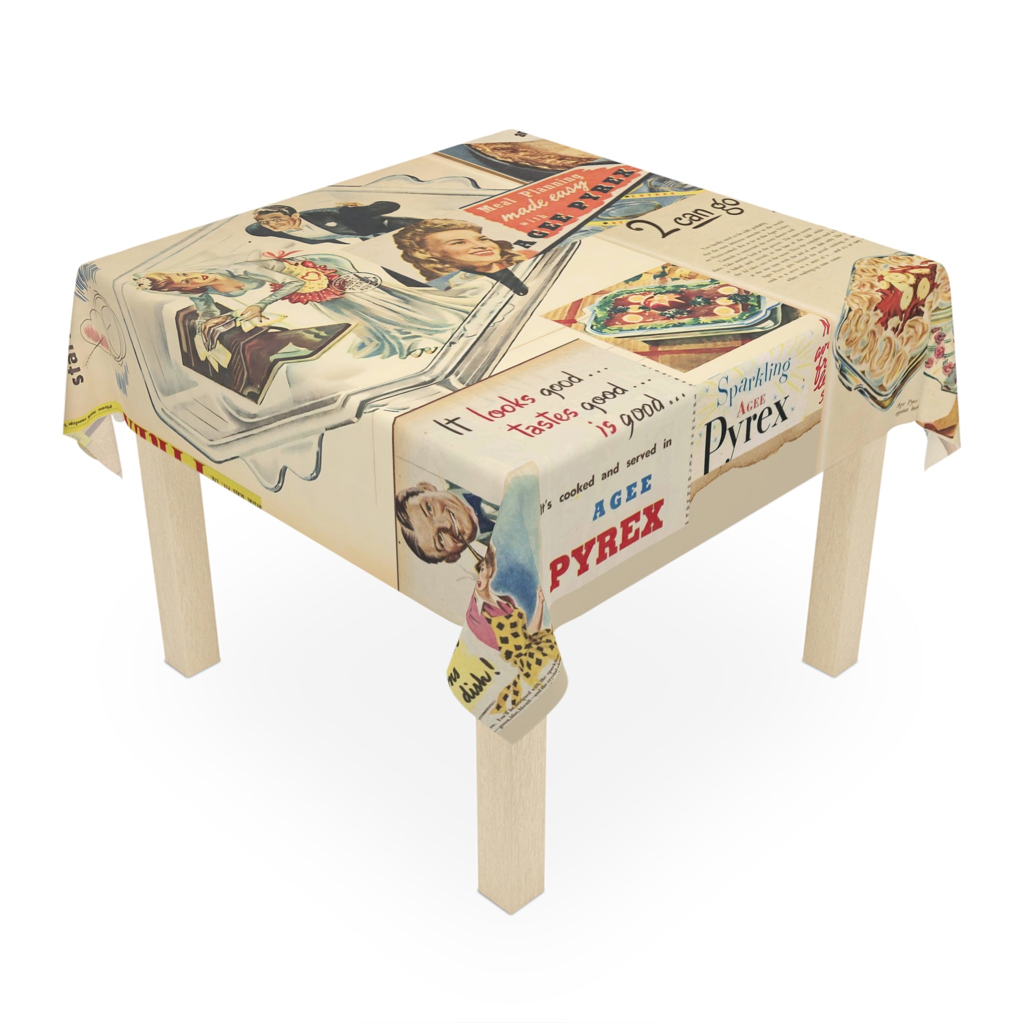 Vintage Pyrex Ads, Kitschy Fun Mid Mod Tablecloth - Mid Century Modern Gal