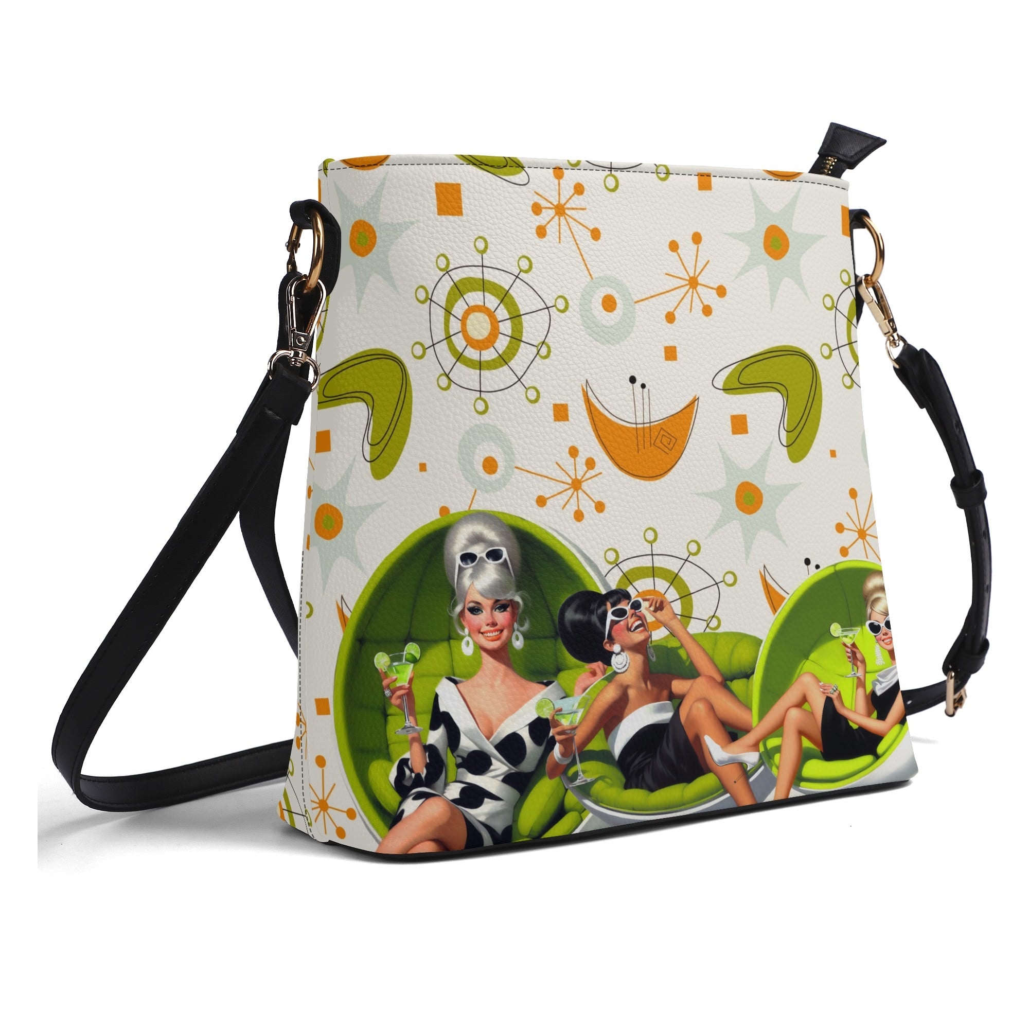 Mid Mod Retro Gals, Funky Fun Fashion Bag, Orange, Green Atomic Starbursts By MCM Gal, Mid Century Mod Kitschy Trendy Purse - Mid Century Modern Gal