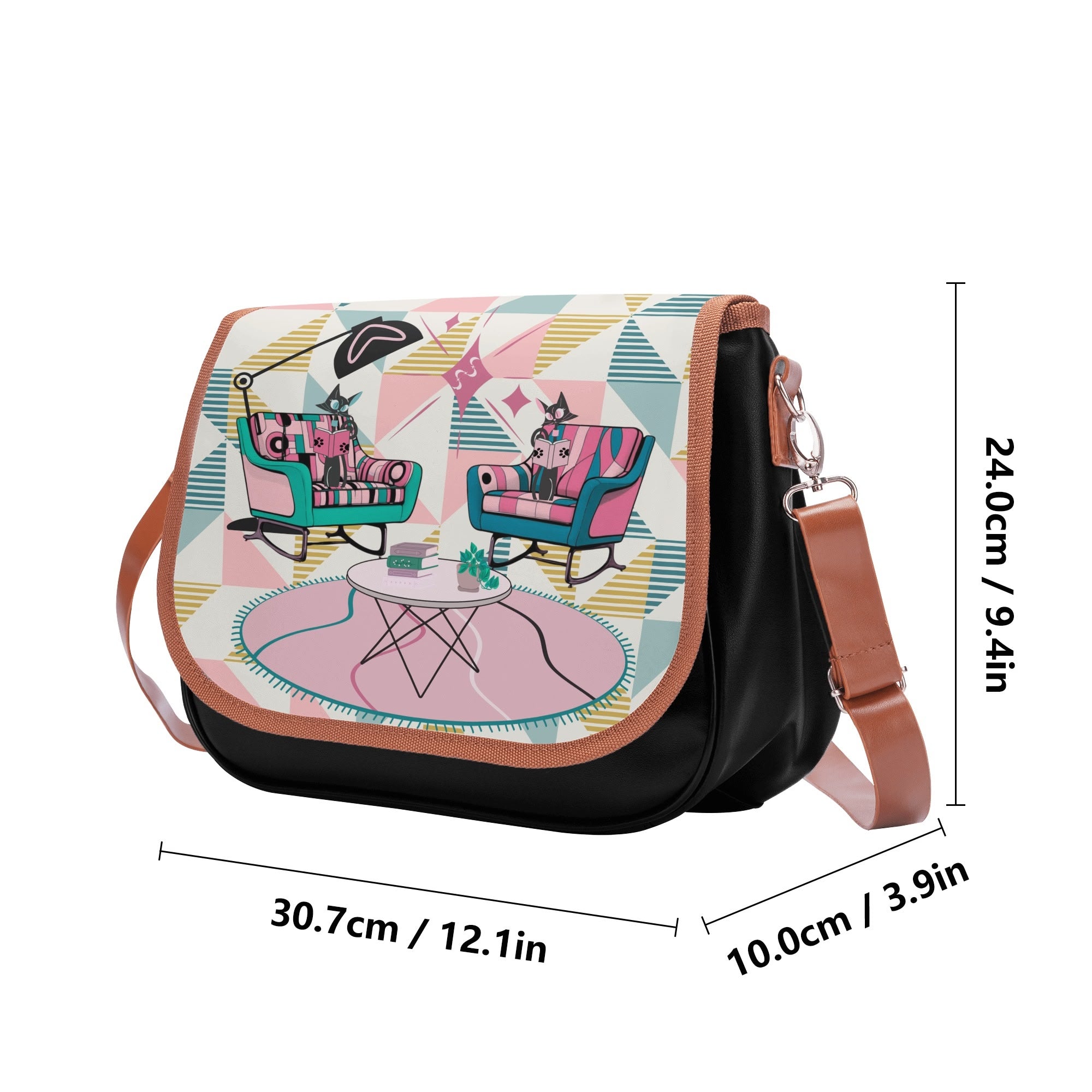 Atomic Reading Cats, Kitschy Mod Shoulder Bag - Mid Century Modern Gal
