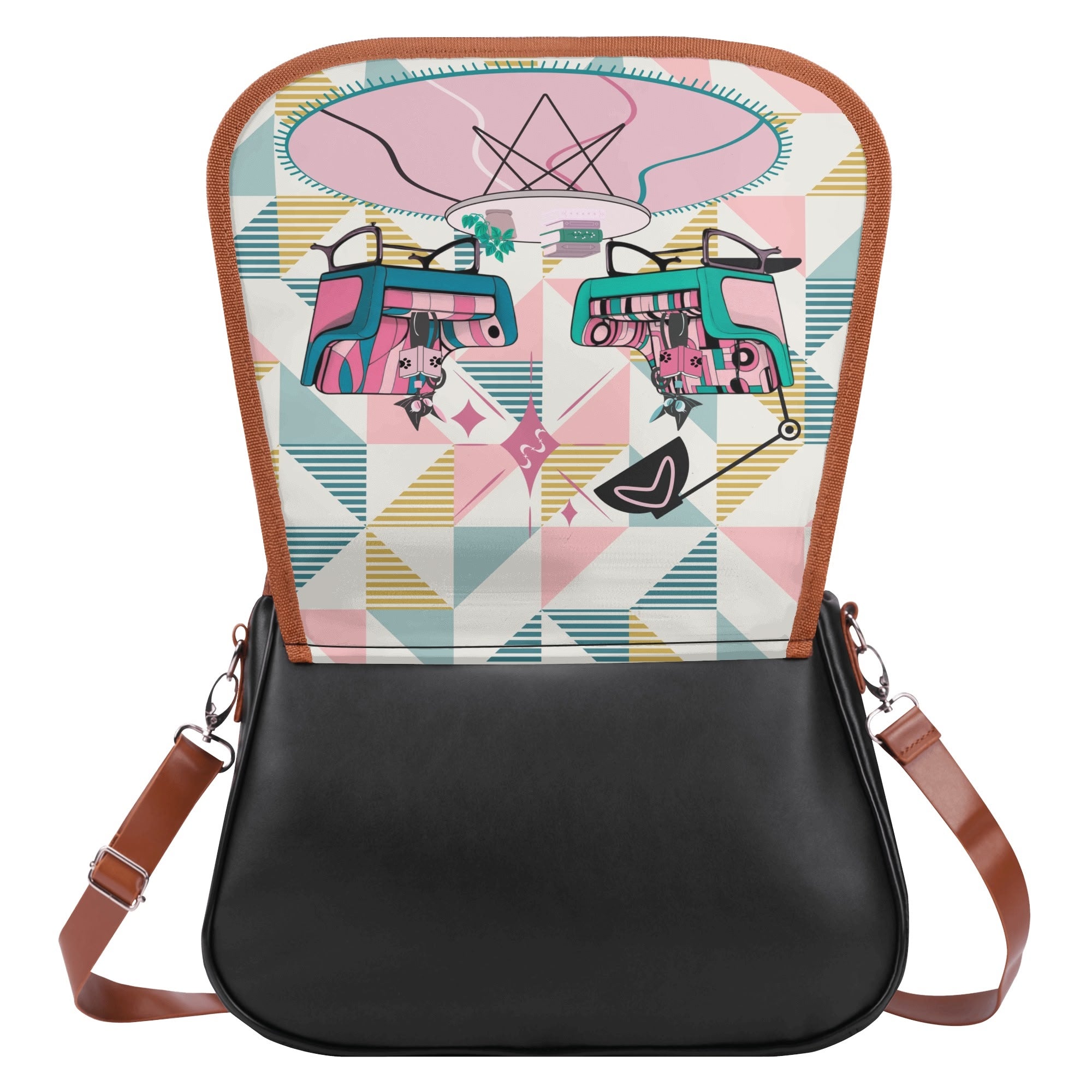 Atomic Reading Cats, Kitschy Mod Shoulder Bag - Mid Century Modern Gal